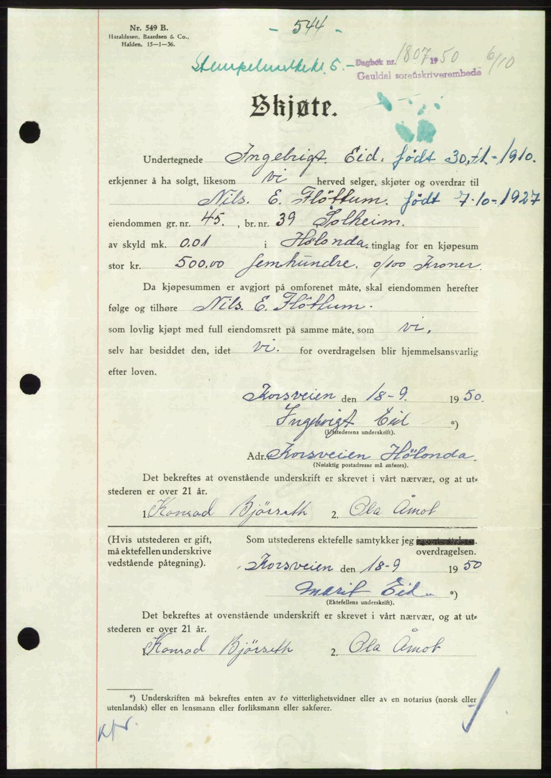 Gauldal sorenskriveri, SAT/A-0014/1/2/2C: Pantebok nr. A11, 1950-1950, Dagboknr: 1807/1950