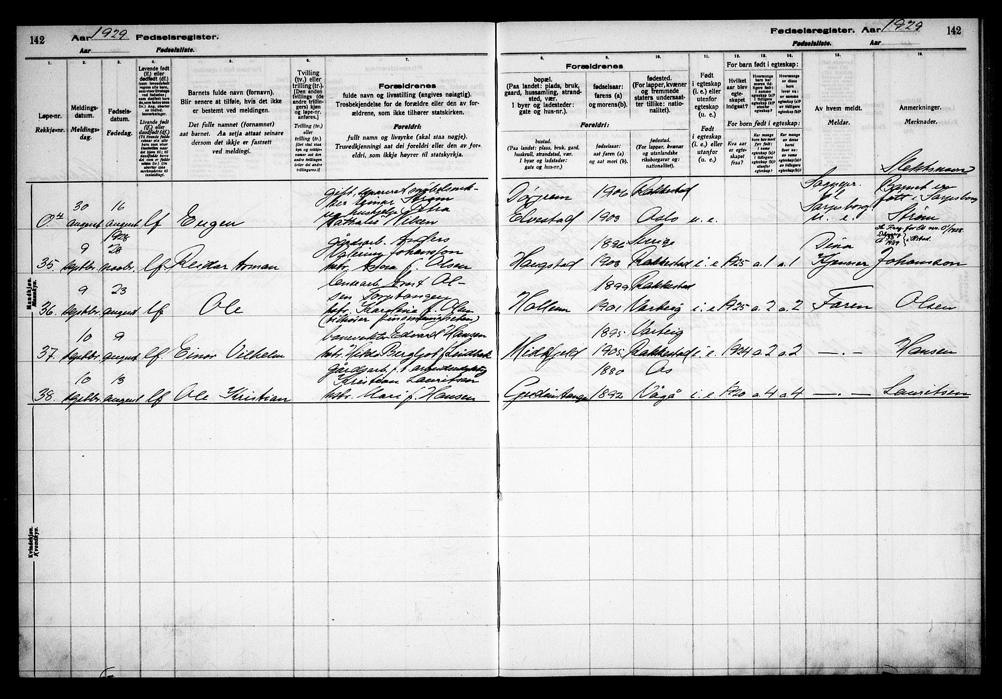 Rakkestad prestekontor Kirkebøker, AV/SAO-A-2008/J/Ja/L0001: Fødselsregister nr. I 1, 1916-1936, s. 142