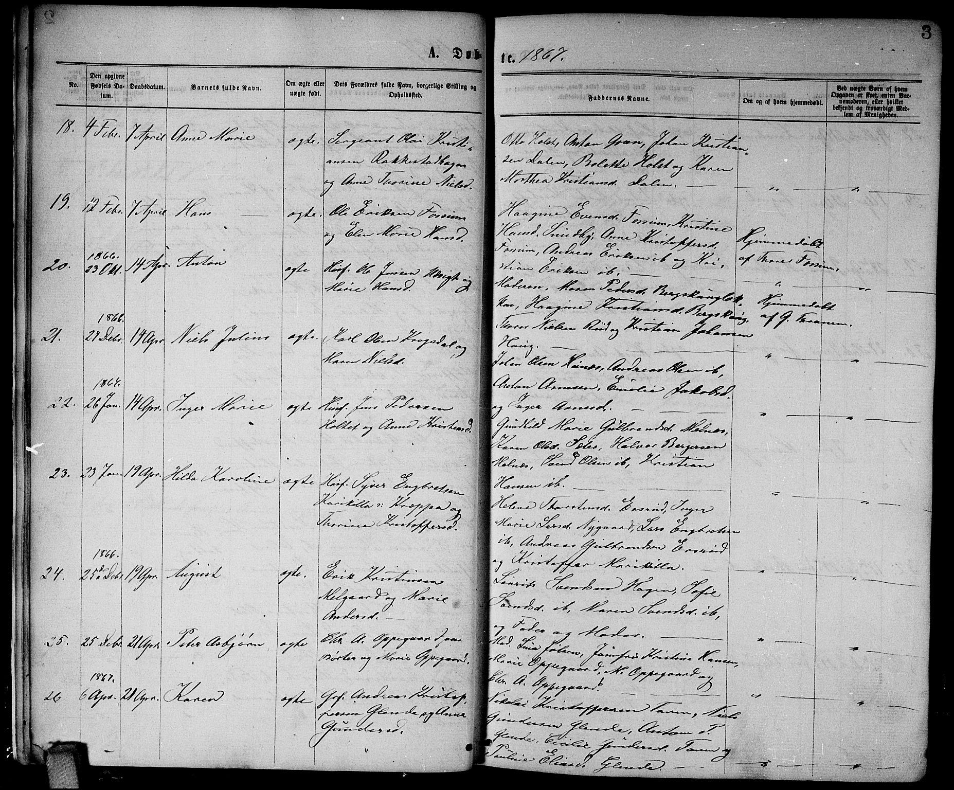 Enebakk prestekontor Kirkebøker, AV/SAO-A-10171c/G/Ga/L0005: Klokkerbok nr. I 5, 1867-1888, s. 3