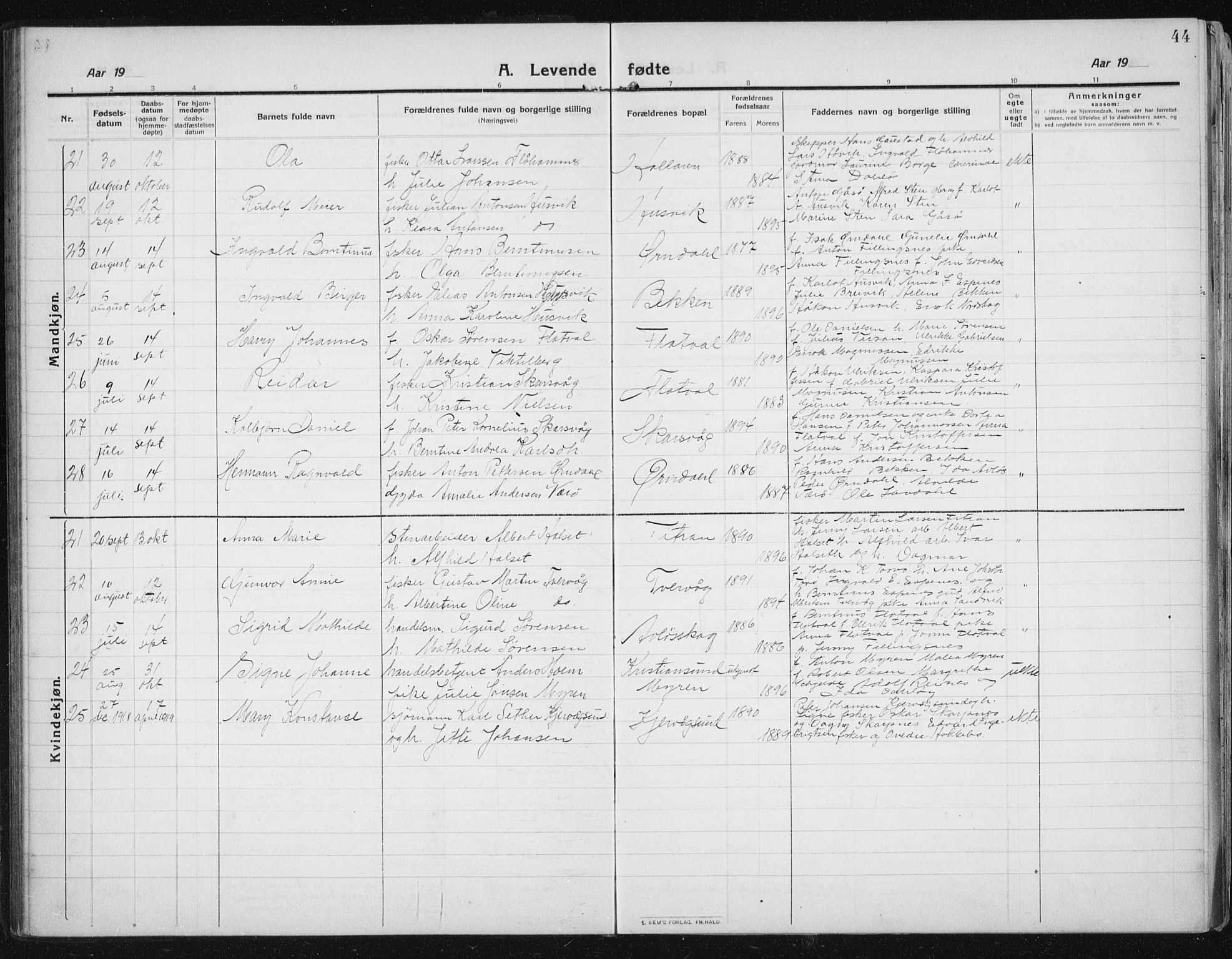 Ministerialprotokoller, klokkerbøker og fødselsregistre - Sør-Trøndelag, AV/SAT-A-1456/641/L0599: Klokkerbok nr. 641C03, 1910-1938, s. 44