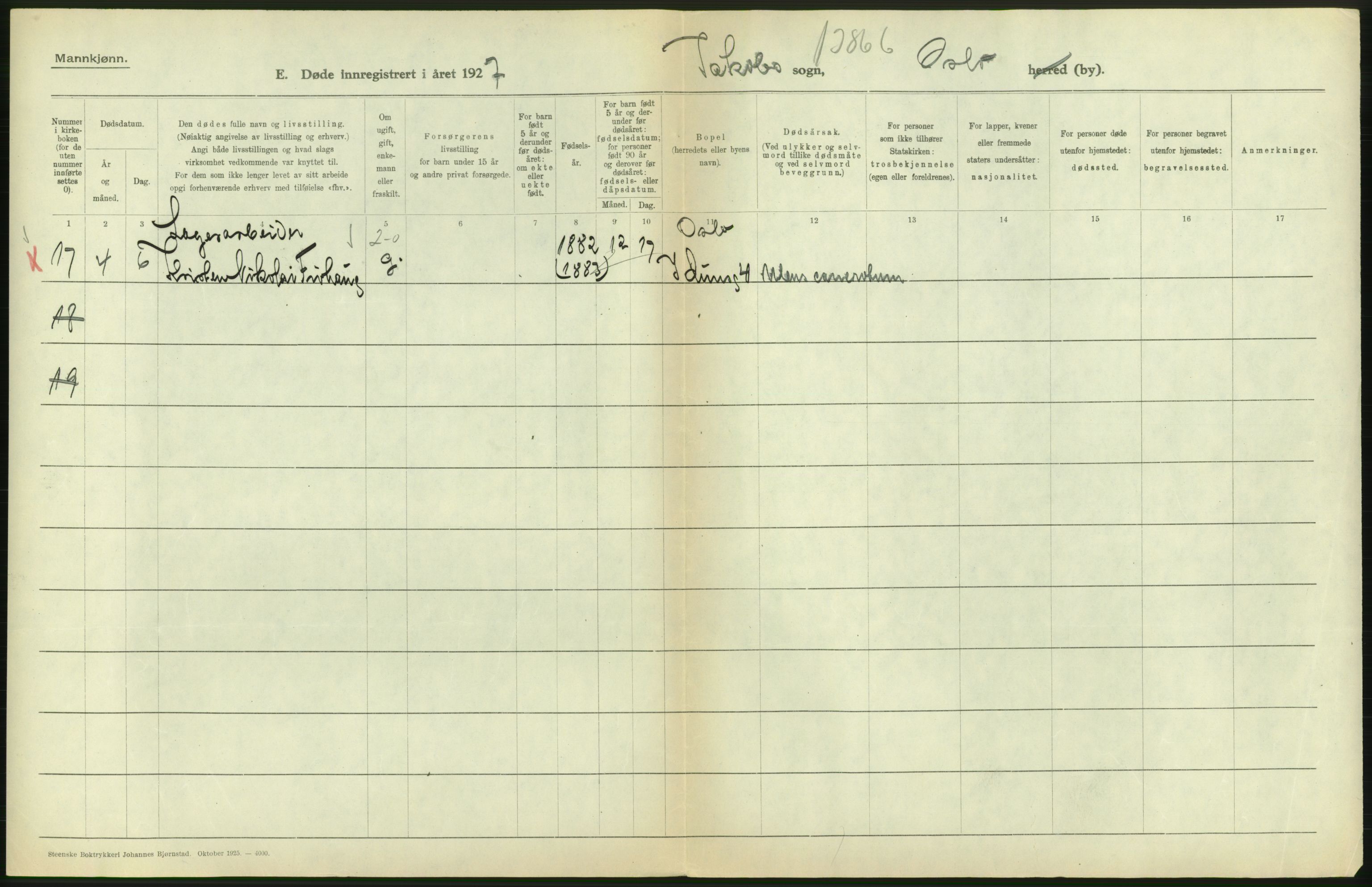 Statistisk sentralbyrå, Sosiodemografiske emner, Befolkning, AV/RA-S-2228/D/Df/Dfc/Dfcg/L0009: Oslo: Døde menn, 1927, s. 398