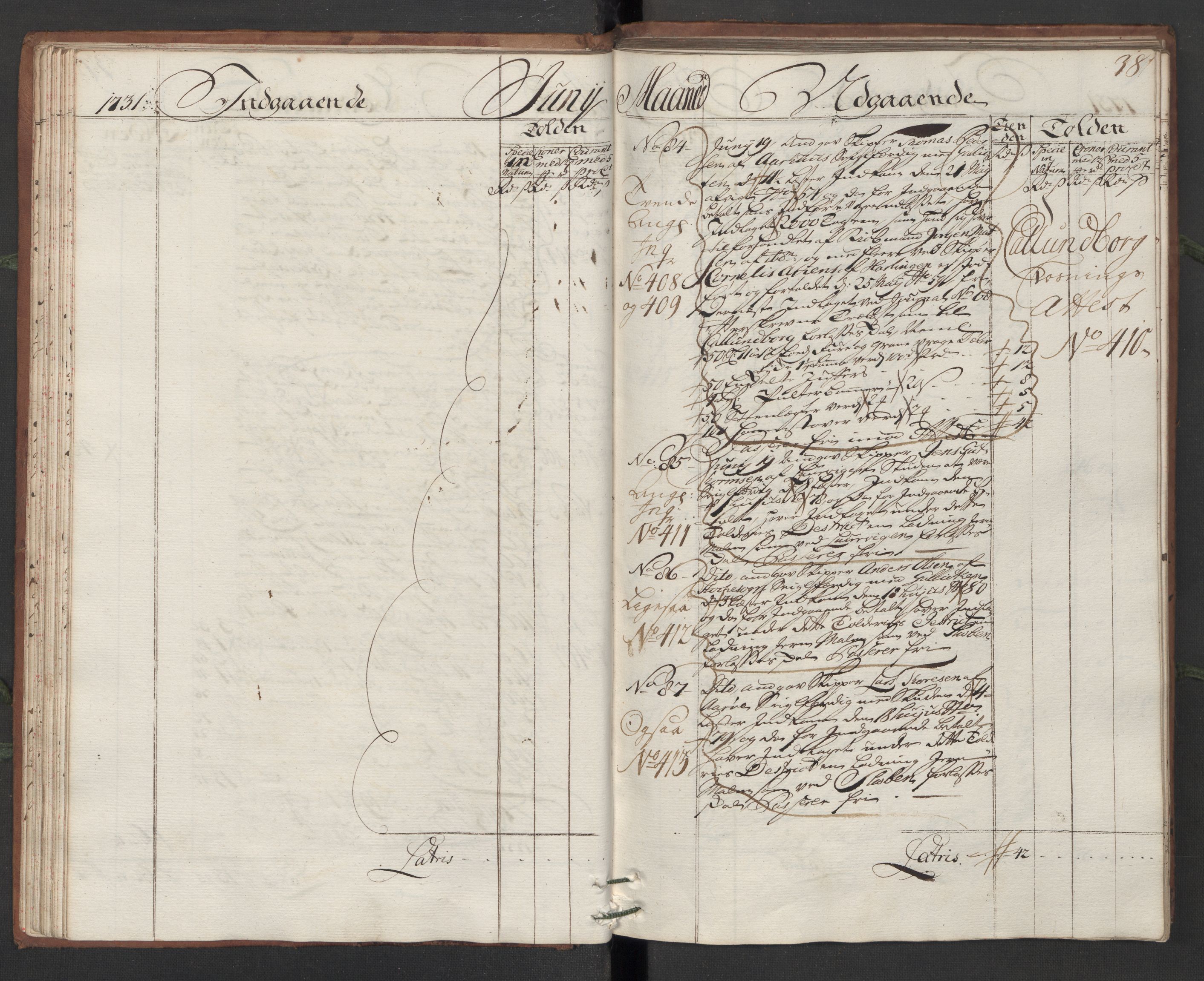 Generaltollkammeret, tollregnskaper, AV/RA-EA-5490/R13/L0006/0001: Tollregnskaper Kragerø / Hovedtollbok, 1731, s. 37b-38a