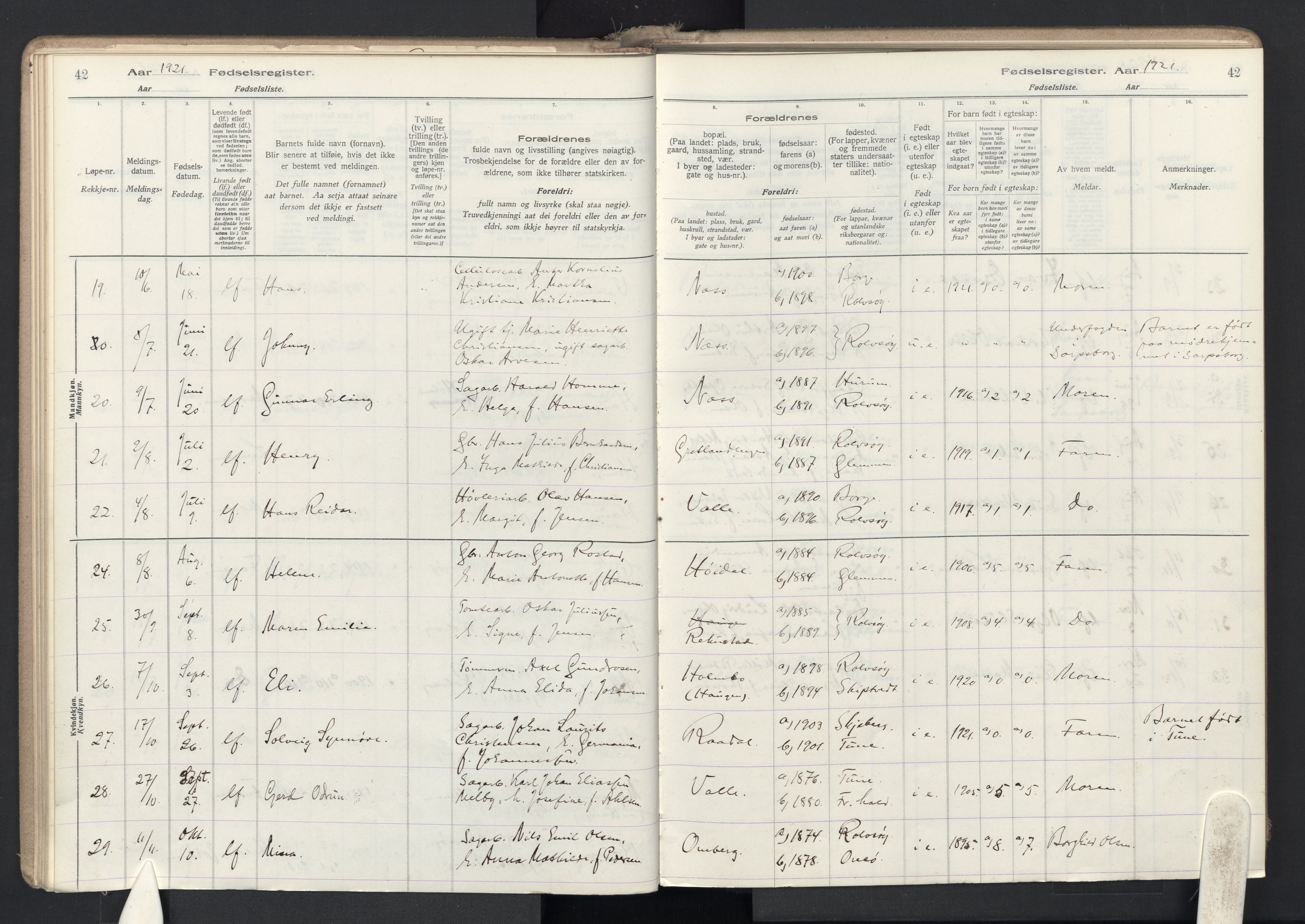 Rolvsøy prestekontor Kirkebøker, AV/SAO-A-2004/J/Ja/L0001: Fødselsregister nr. 1, 1916-1946, s. 42