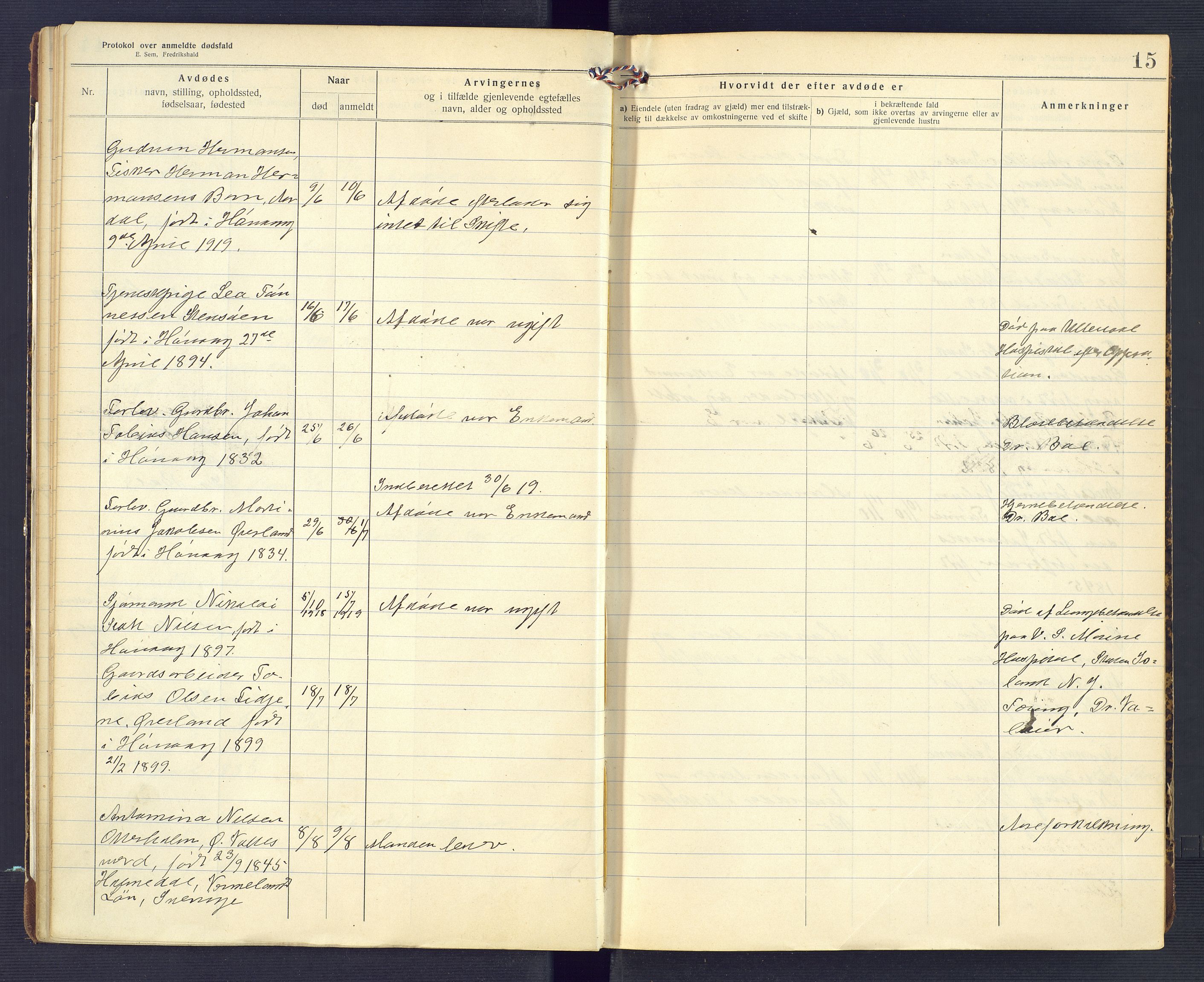 Høvåg lensmannskontor, SAK/1241-0024/F/Fe/L0041: Protokoll over anmeldte dødsfall, 1916-1933, s. 15