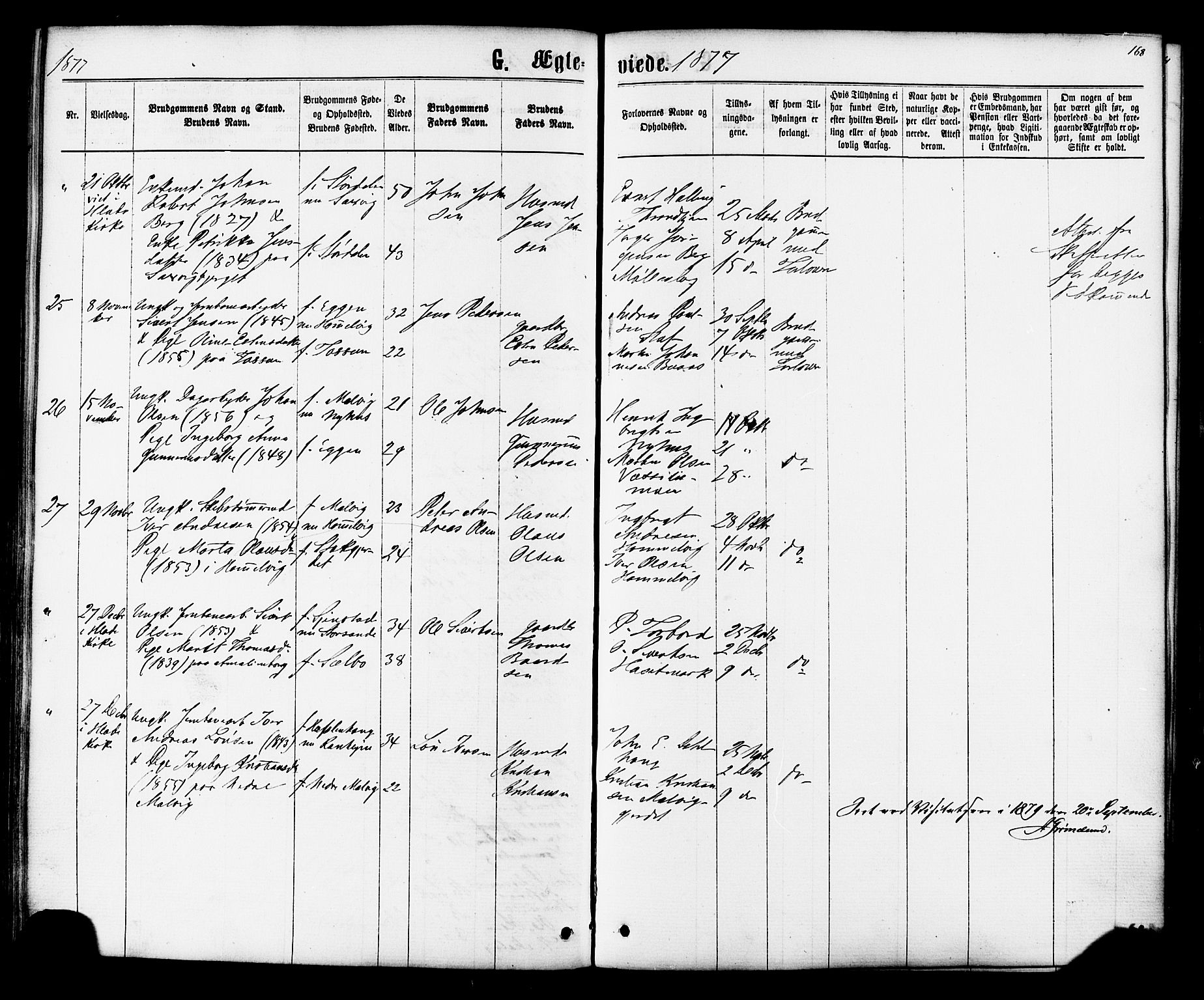 Ministerialprotokoller, klokkerbøker og fødselsregistre - Sør-Trøndelag, SAT/A-1456/616/L0409: Ministerialbok nr. 616A06, 1865-1877, s. 168