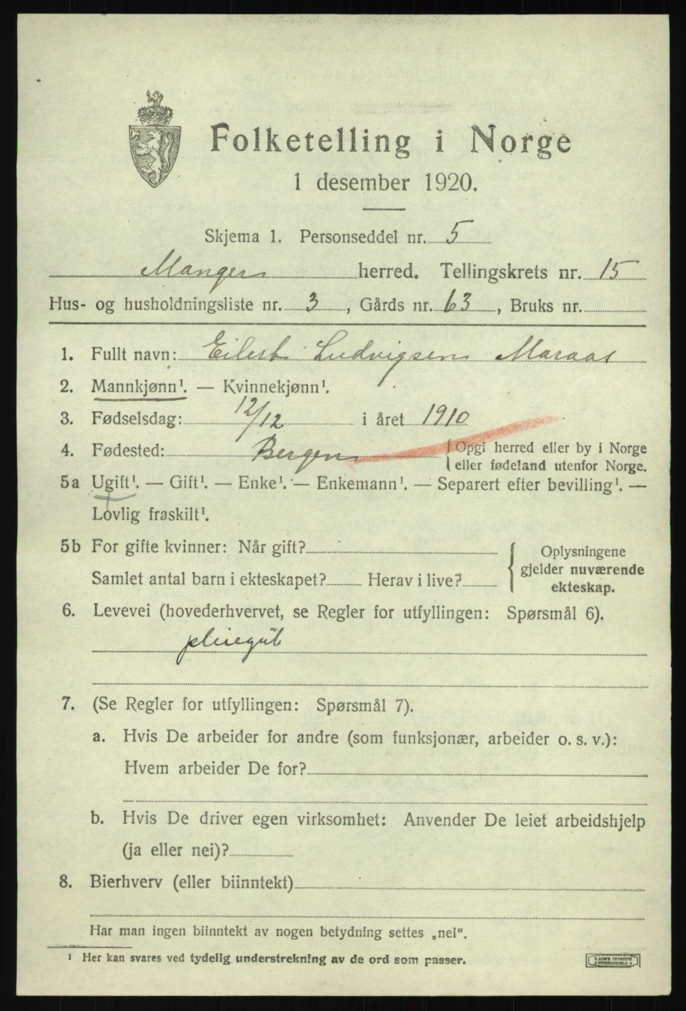 SAB, Folketelling 1920 for 1261 Manger herred, 1920, s. 8472