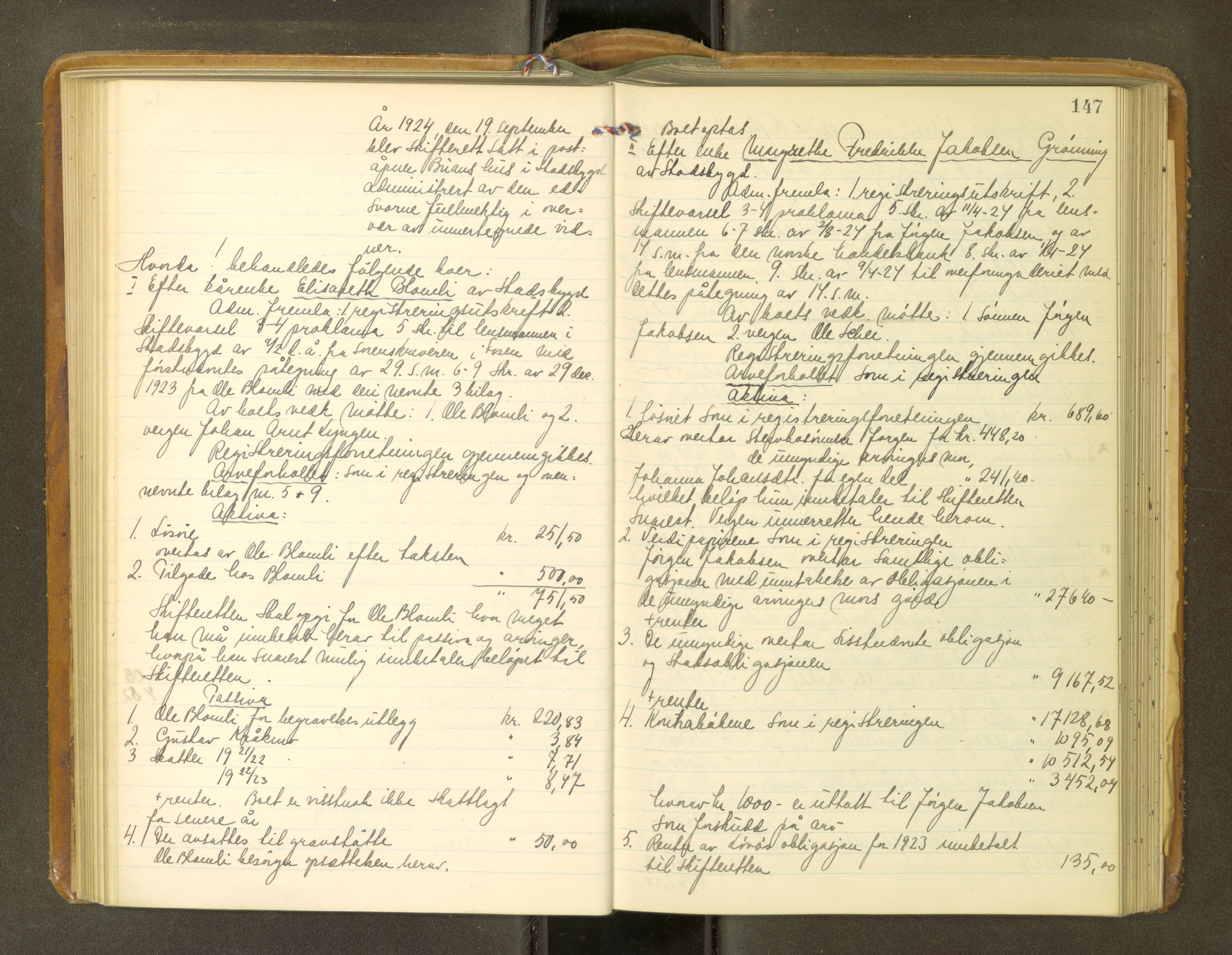 Fosen sorenskriveri, AV/SAT-A-1107/1/3/3B/L0013: Skiftebehandlingsprotokoll, 1923-1927, s. 147