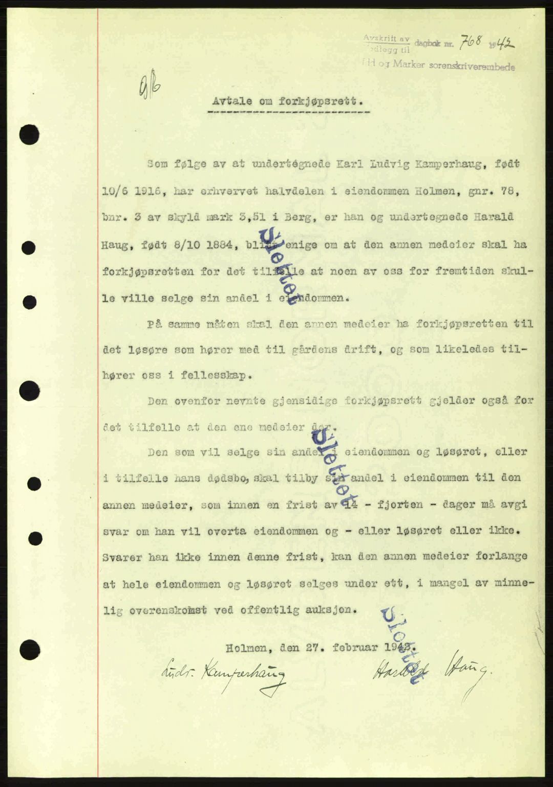 Idd og Marker sorenskriveri, AV/SAO-A-10283/G/Gb/Gbb/L0005: Pantebok nr. A5, 1941-1943, Dagboknr: 768/1942