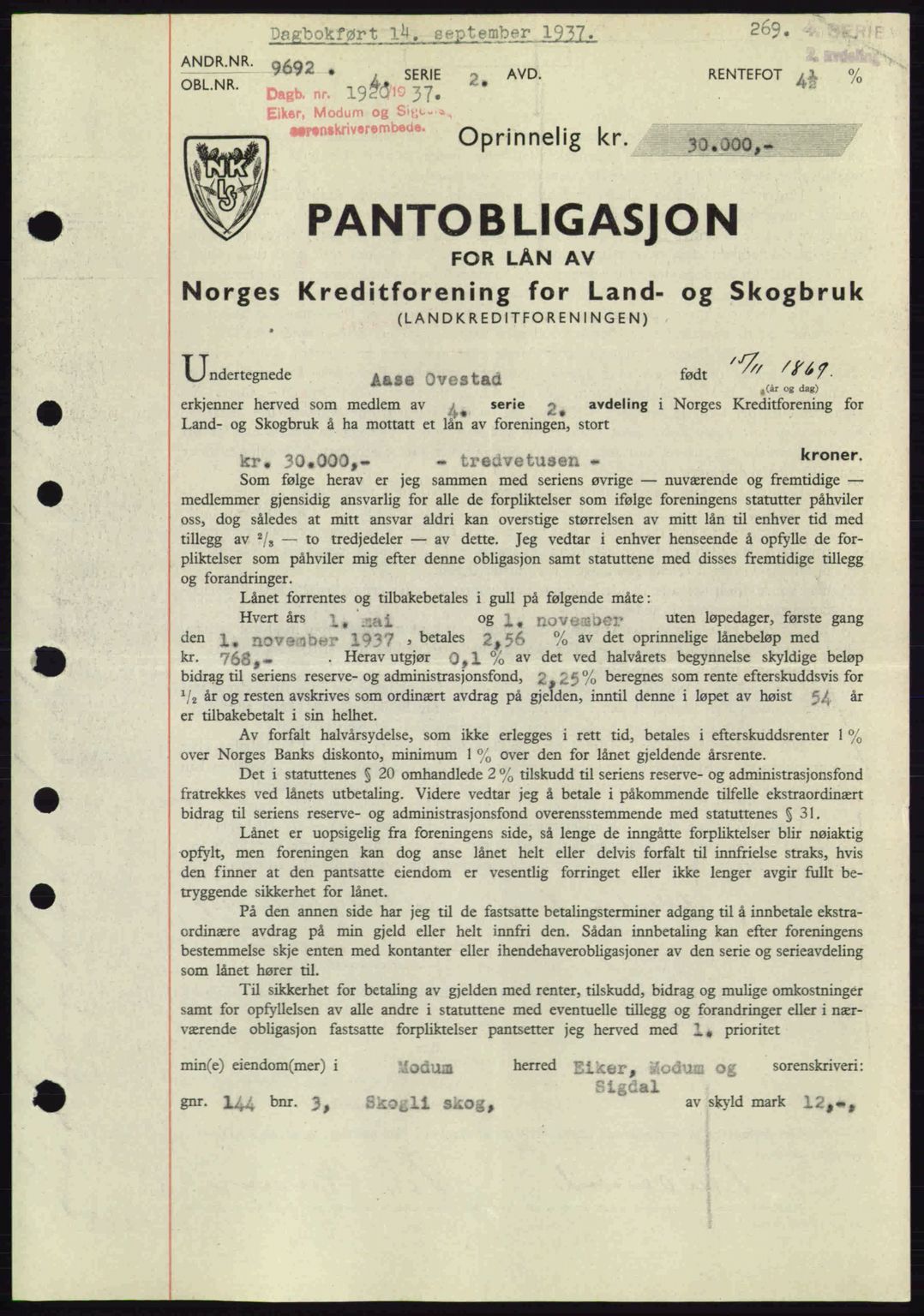 Eiker, Modum og Sigdal sorenskriveri, SAKO/A-123/G/Ga/Gab/L0036: Pantebok nr. A6, 1937-1937, Dagboknr: 1920/1937