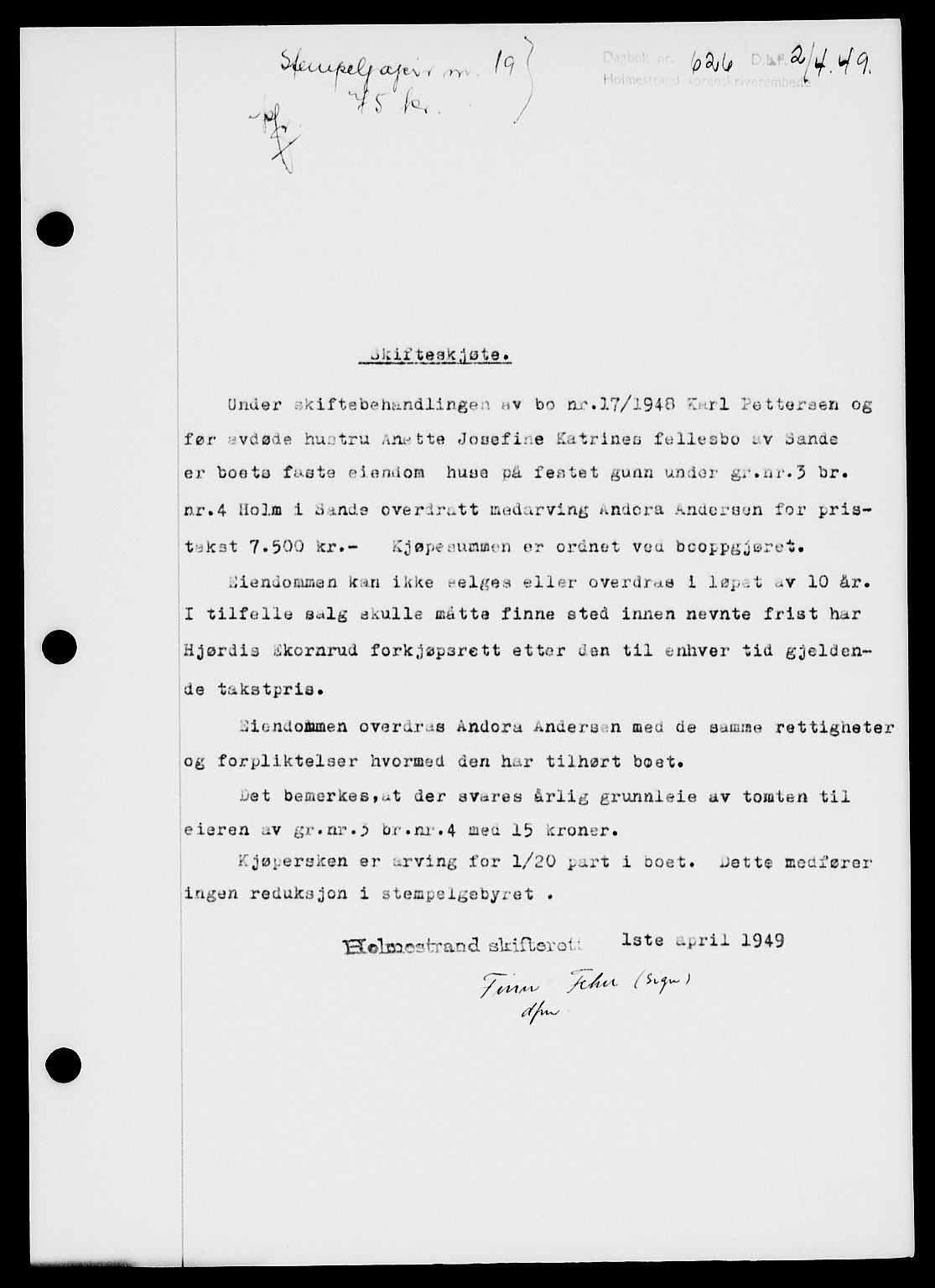 Holmestrand sorenskriveri, SAKO/A-67/G/Ga/Gaa/L0066: Pantebok nr. A-66, 1949-1949, Dagboknr: 626/1949