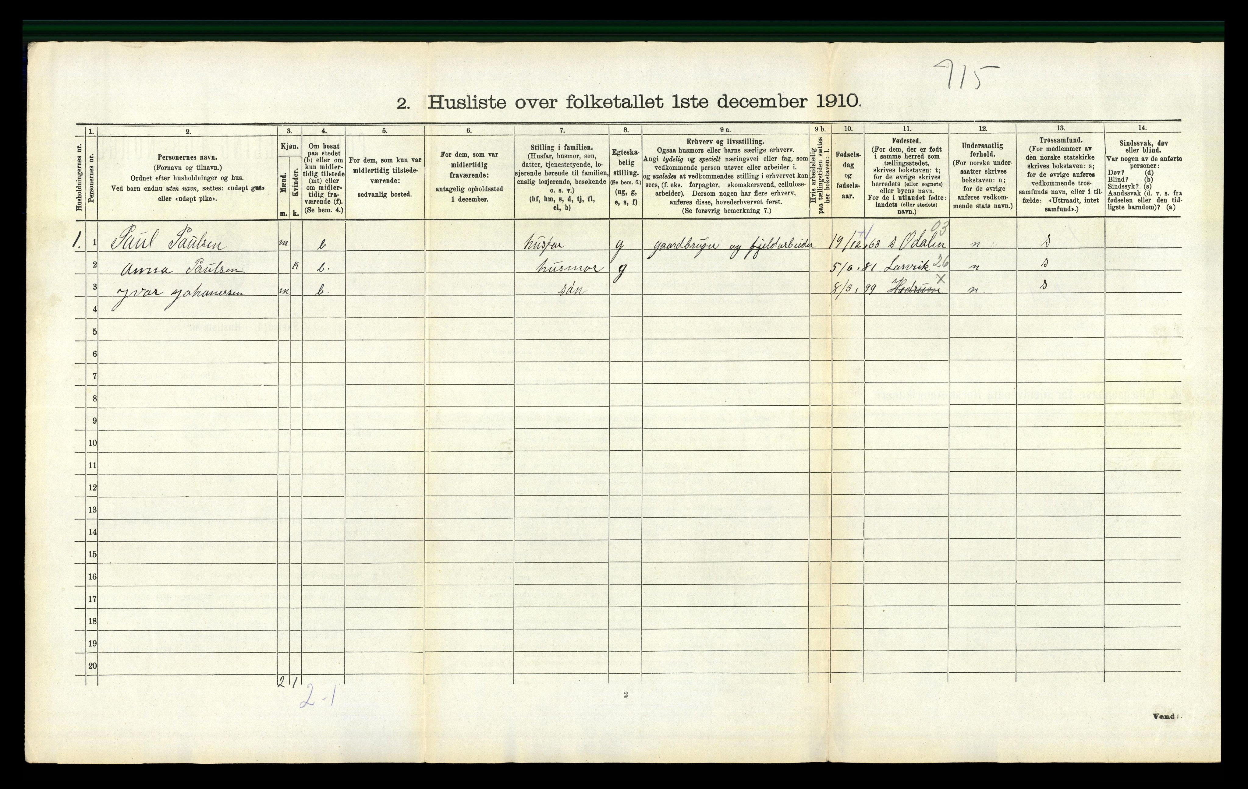 RA, Folketelling 1910 for 0727 Hedrum herred, 1910, s. 265