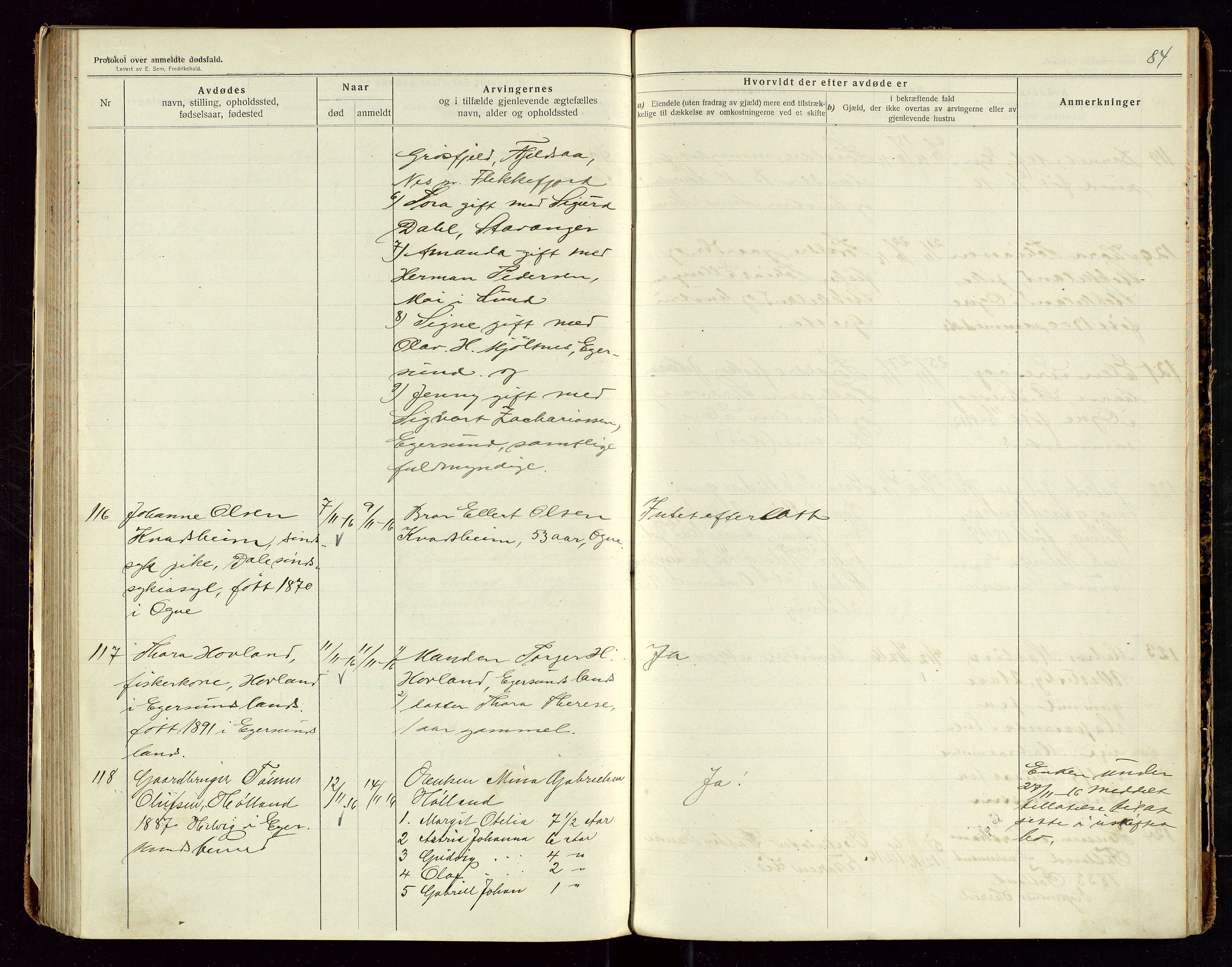 Eigersund lensmannskontor, AV/SAST-A-100171/Gga/L0006: "Protokol over anmeldte dødsfald" m/alfabetisk navneregister, 1914-1917, s. 84