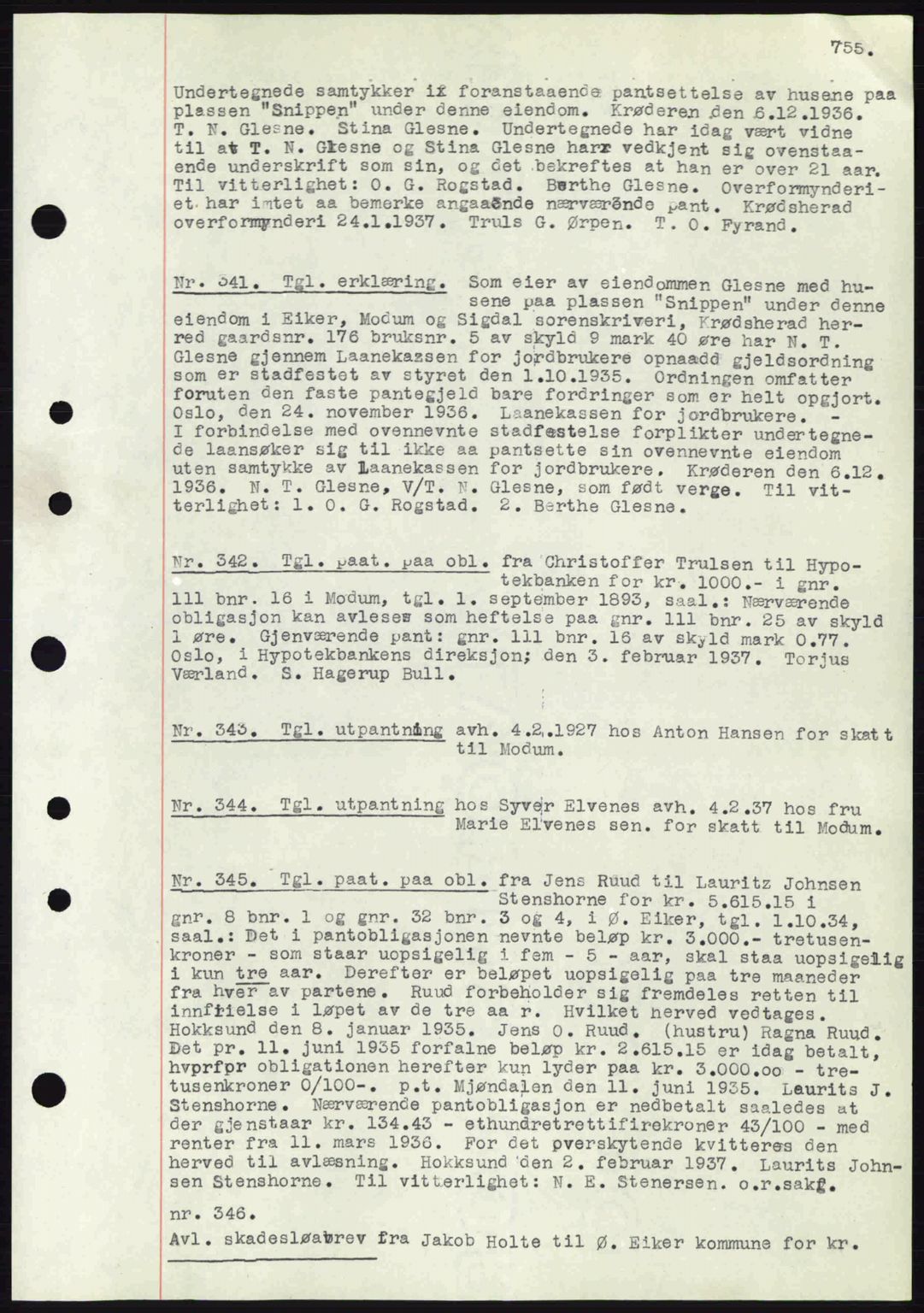 Eiker, Modum og Sigdal sorenskriveri, SAKO/A-123/G/Ga/Gab/L0034: Pantebok nr. A4, 1936-1937, Dagboknr: 341/1937