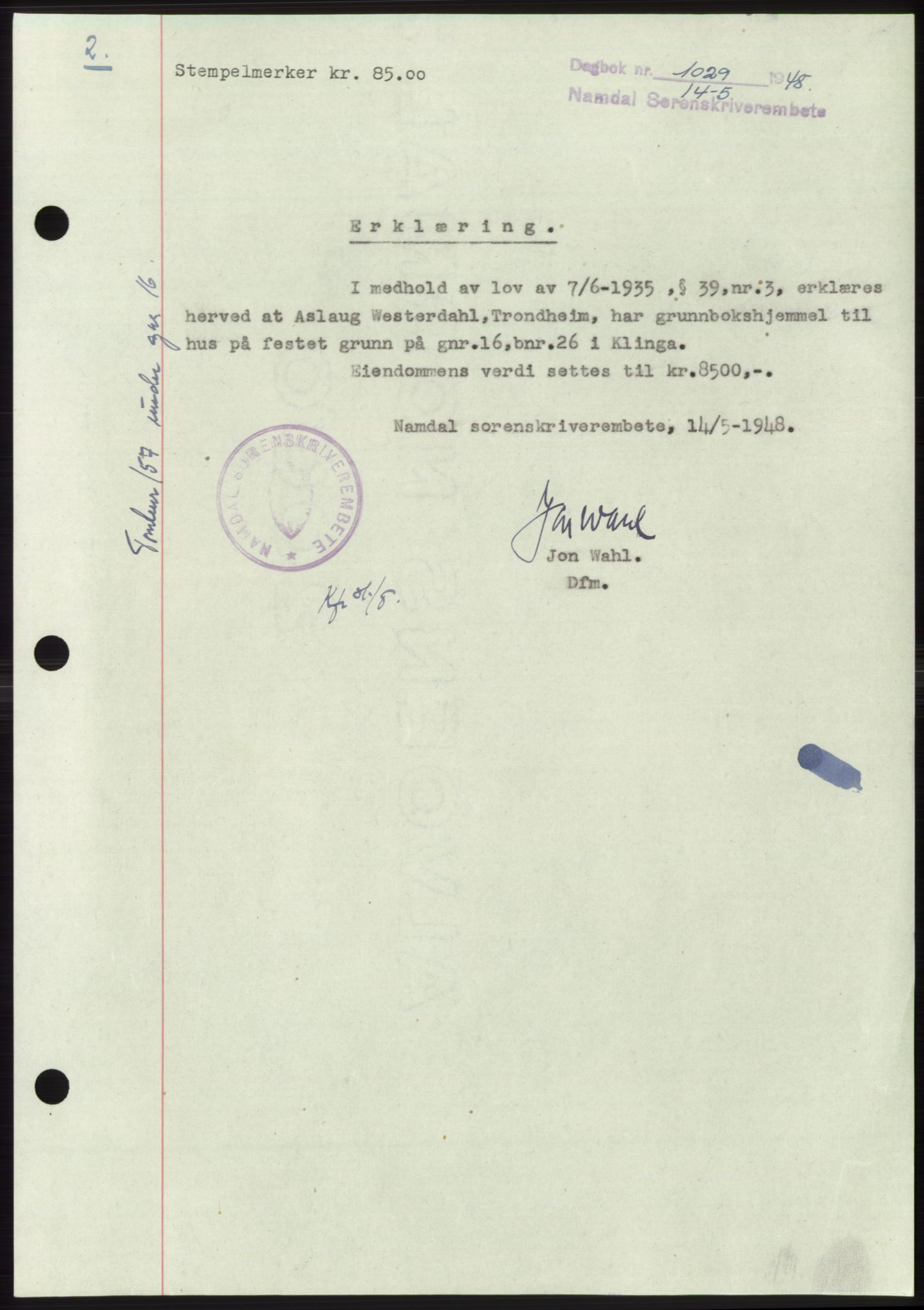 Namdal sorenskriveri, SAT/A-4133/1/2/2C: Pantebok nr. -, 1947-1948, Dagboknr: 1029/1948