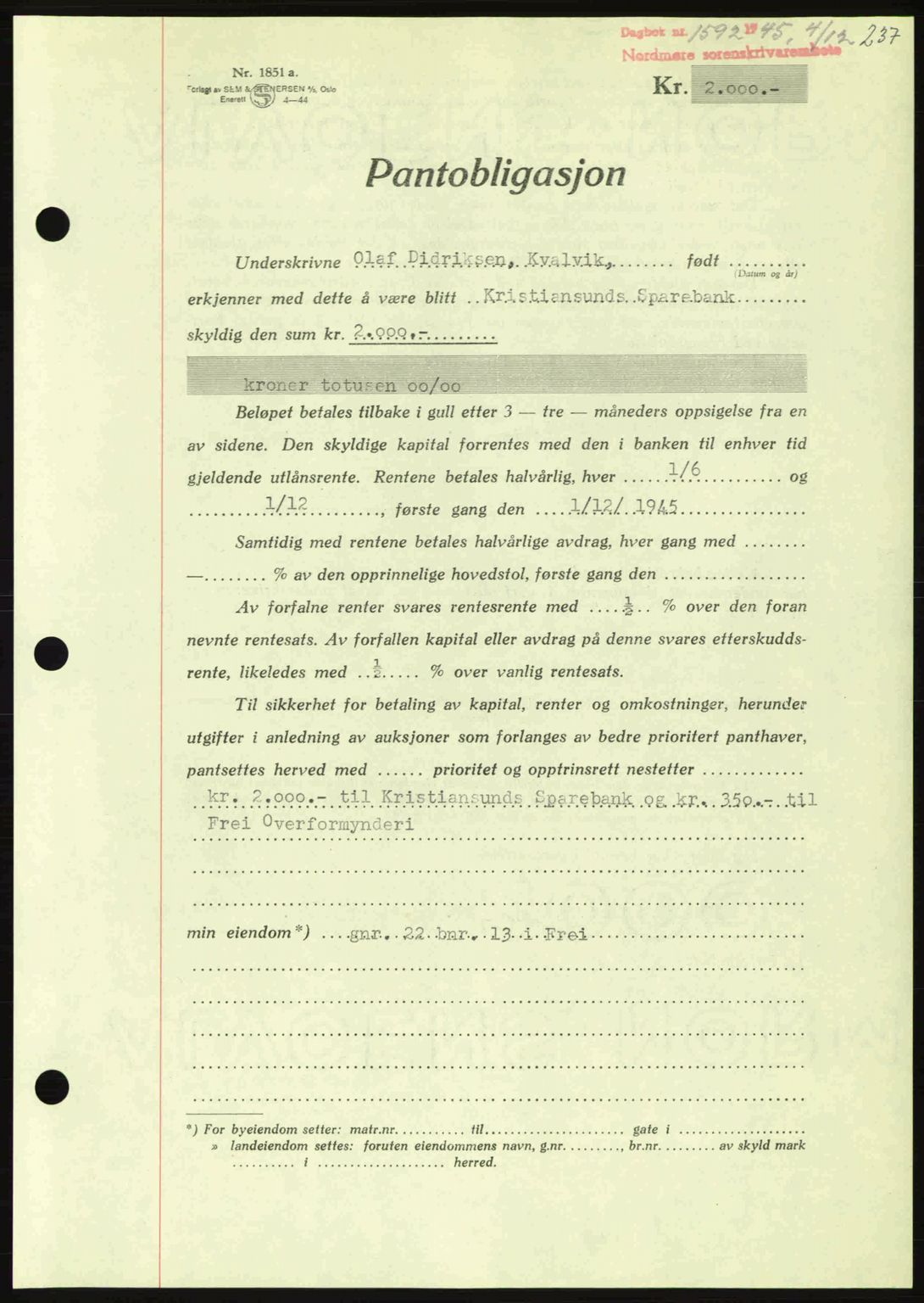 Nordmøre sorenskriveri, AV/SAT-A-4132/1/2/2Ca: Pantebok nr. B93a, 1945-1945, Dagboknr: 1592/1945