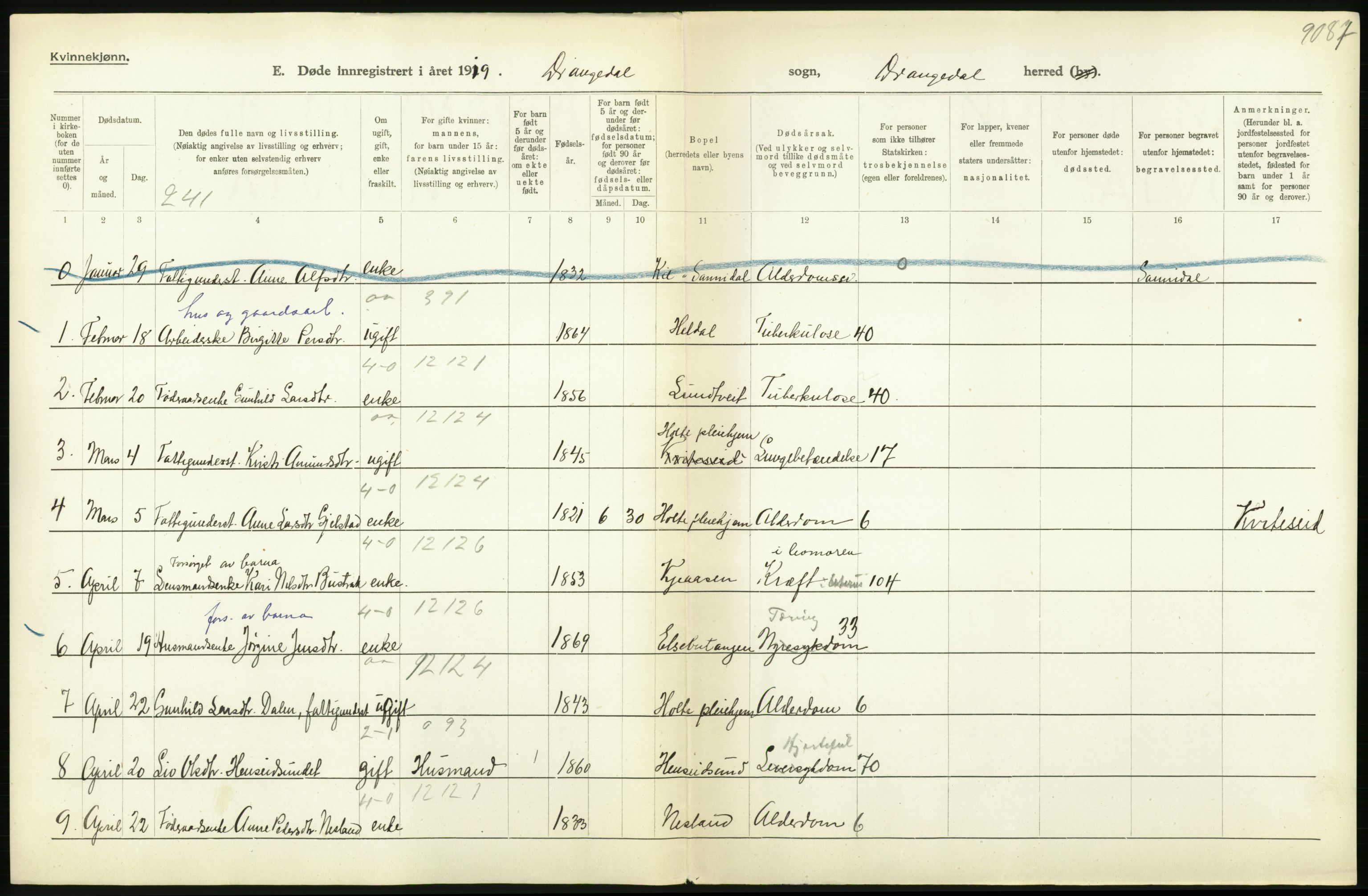 Statistisk sentralbyrå, Sosiodemografiske emner, Befolkning, AV/RA-S-2228/D/Df/Dfb/Dfbi/L0023: Telemark fylke: Døde. Bygder og byer., 1919, s. 184