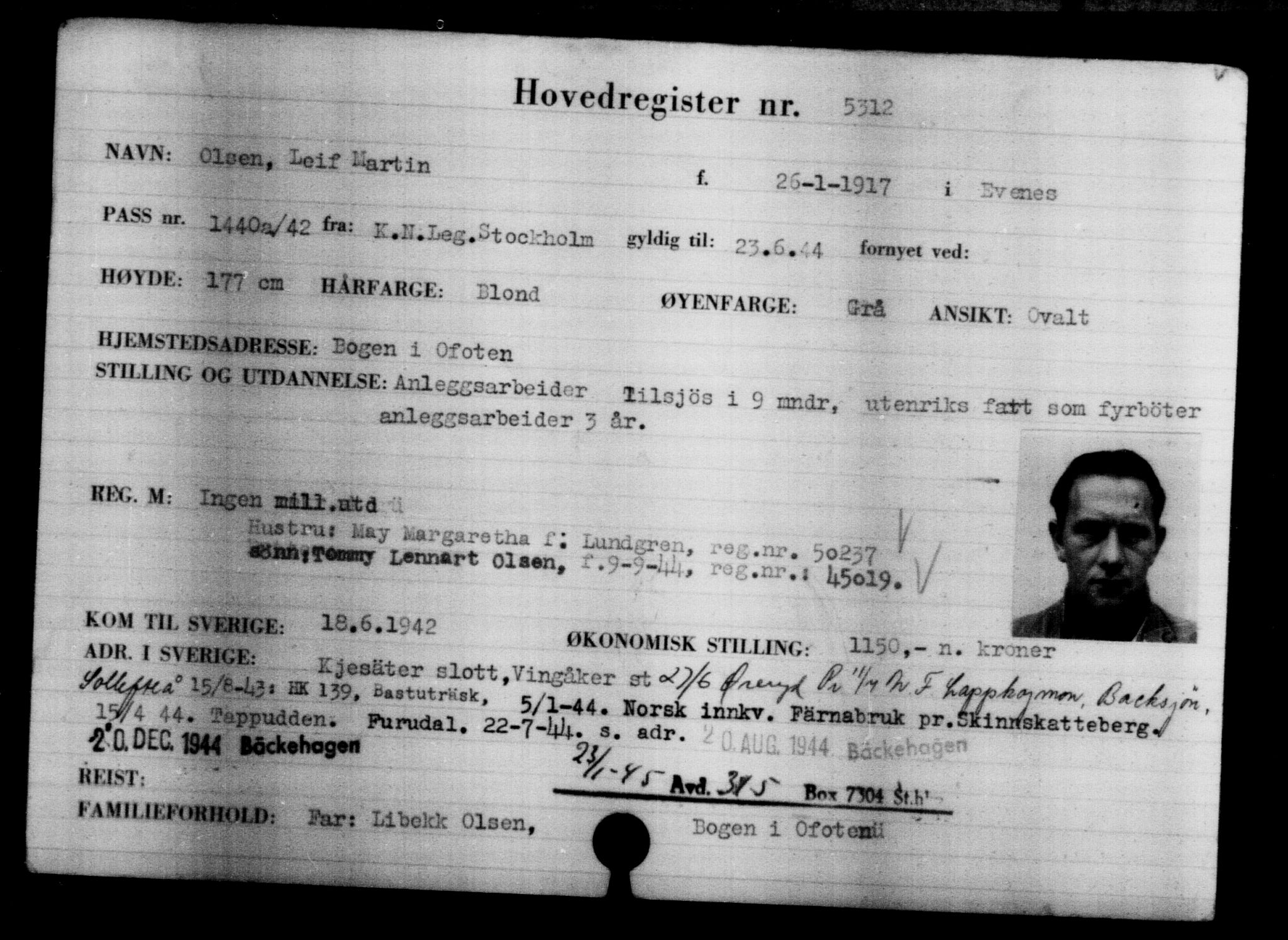 Den Kgl. Norske Legasjons Flyktningskontor, AV/RA-S-6753/V/Va/L0004: Kjesäterkartoteket.  Flyktningenr. 3496-6610, 1940-1945, s. 2094