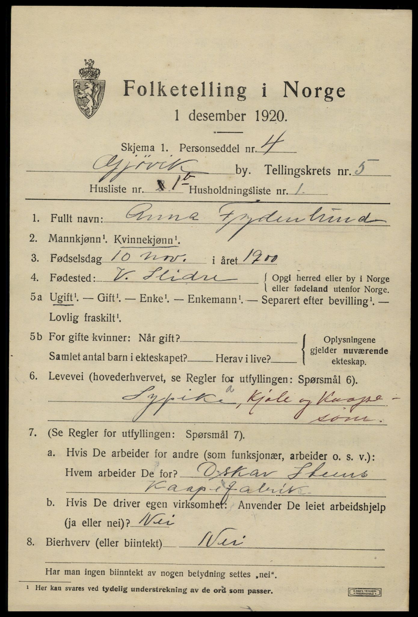 SAH, Folketelling 1920 for 0502 Gjøvik kjøpstad, 1920, s. 10026