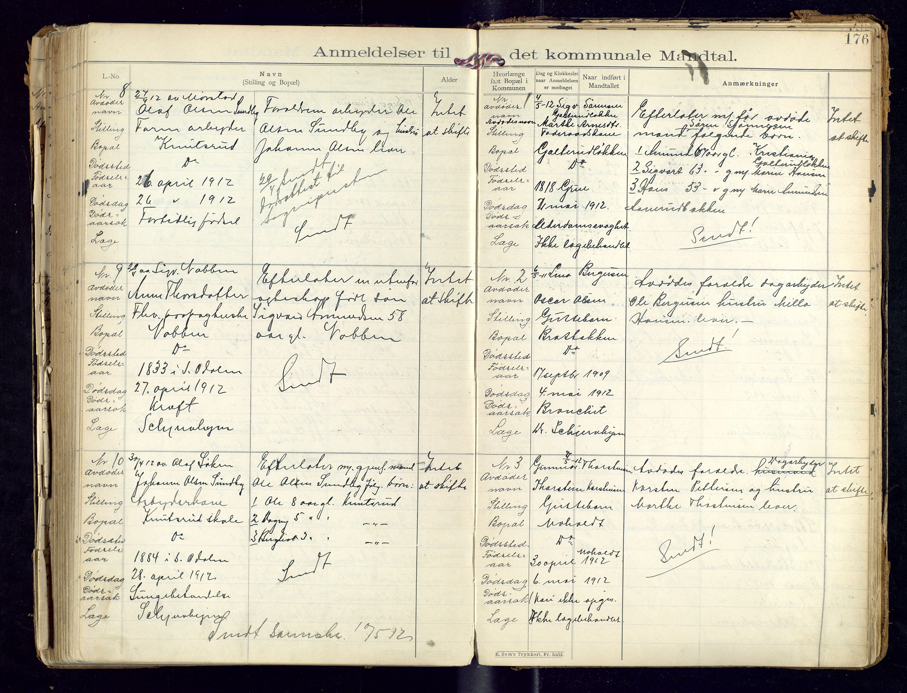 Sør-Odal lensmannskontor, AV/SAH-LHS-022/H/Hb/L0001/0002: Protokoller over anmeldte dødsfall / Protokoll over anmeldte dødsfall, 1901-1913, s. 176