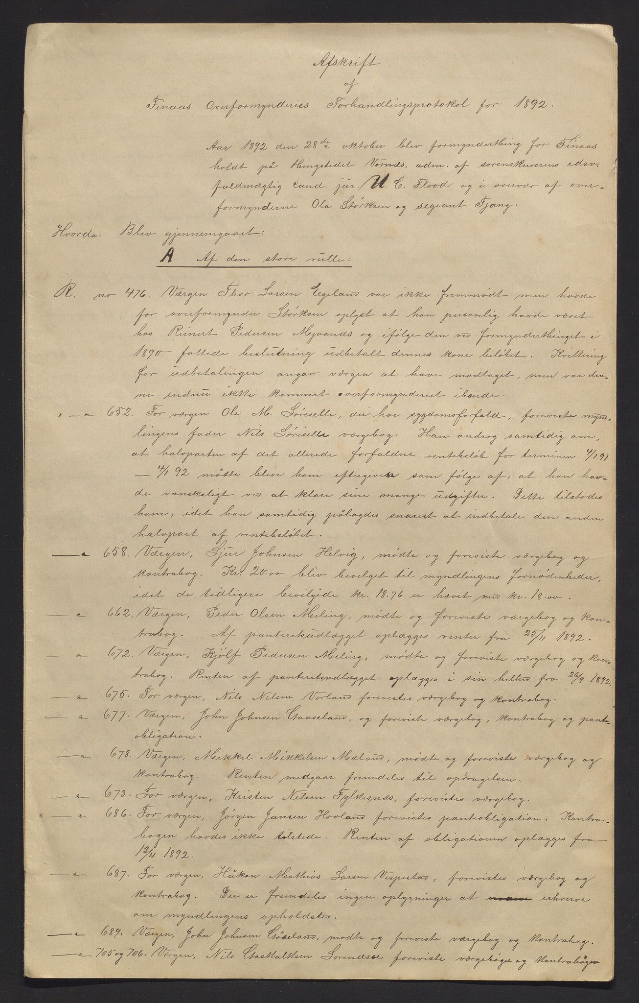 Finnaas kommune. Overformynderiet, IKAH/1218a-812/R/Ra/Raa/L0006/0001: Årlege rekneskap m/vedlegg / Årlege rekneskap m/vedlegg, 1892