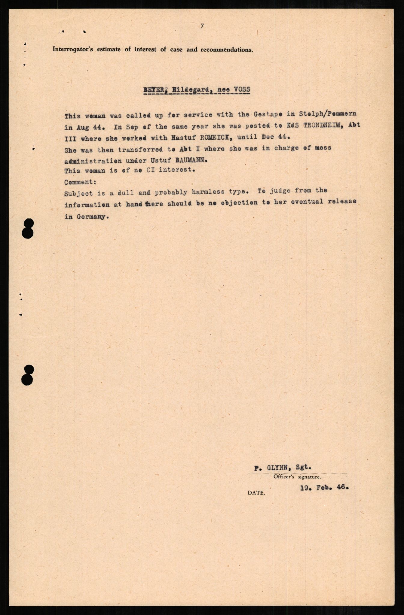 Forsvaret, Forsvarets overkommando II, RA/RAFA-3915/D/Db/L0003: CI Questionaires. Tyske okkupasjonsstyrker i Norge. Tyskere., 1945-1946, s. 122