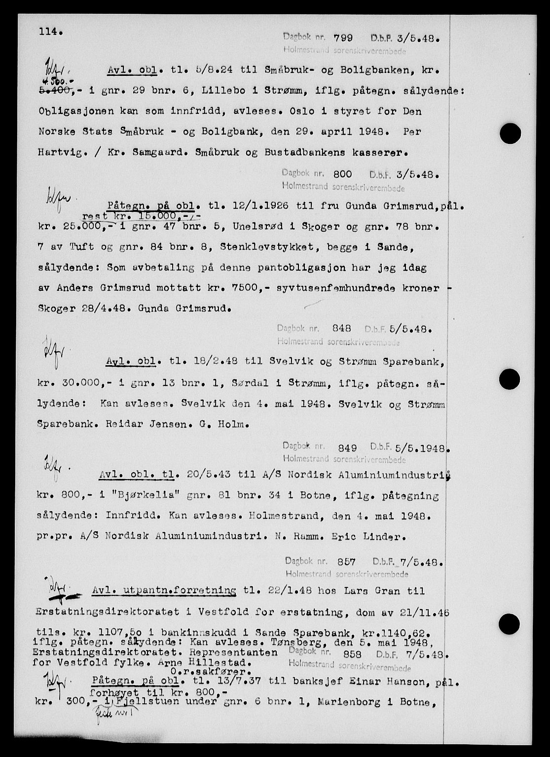 Holmestrand sorenskriveri, SAKO/A-67/G/Ga/Gab/L0058: Pantebok nr. B-58, 1947-1948, s. 114, Dagboknr: 799/1948