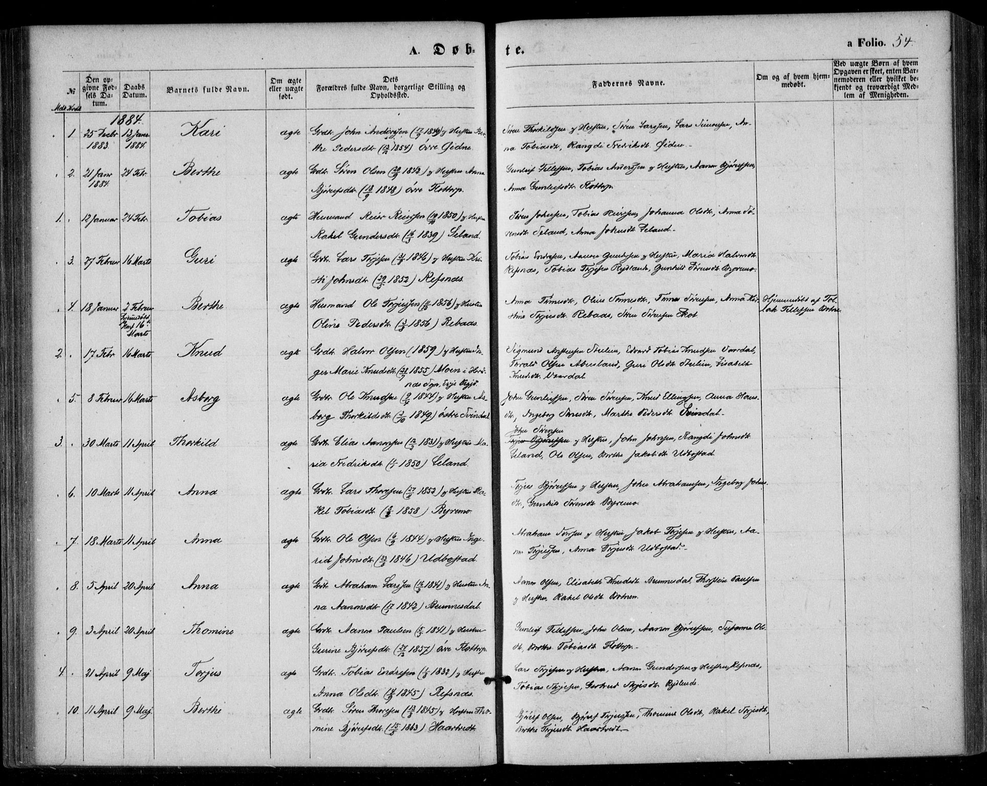 Bjelland sokneprestkontor, AV/SAK-1111-0005/F/Fa/Fac/L0002: Ministerialbok nr. A 2, 1866-1887, s. 54