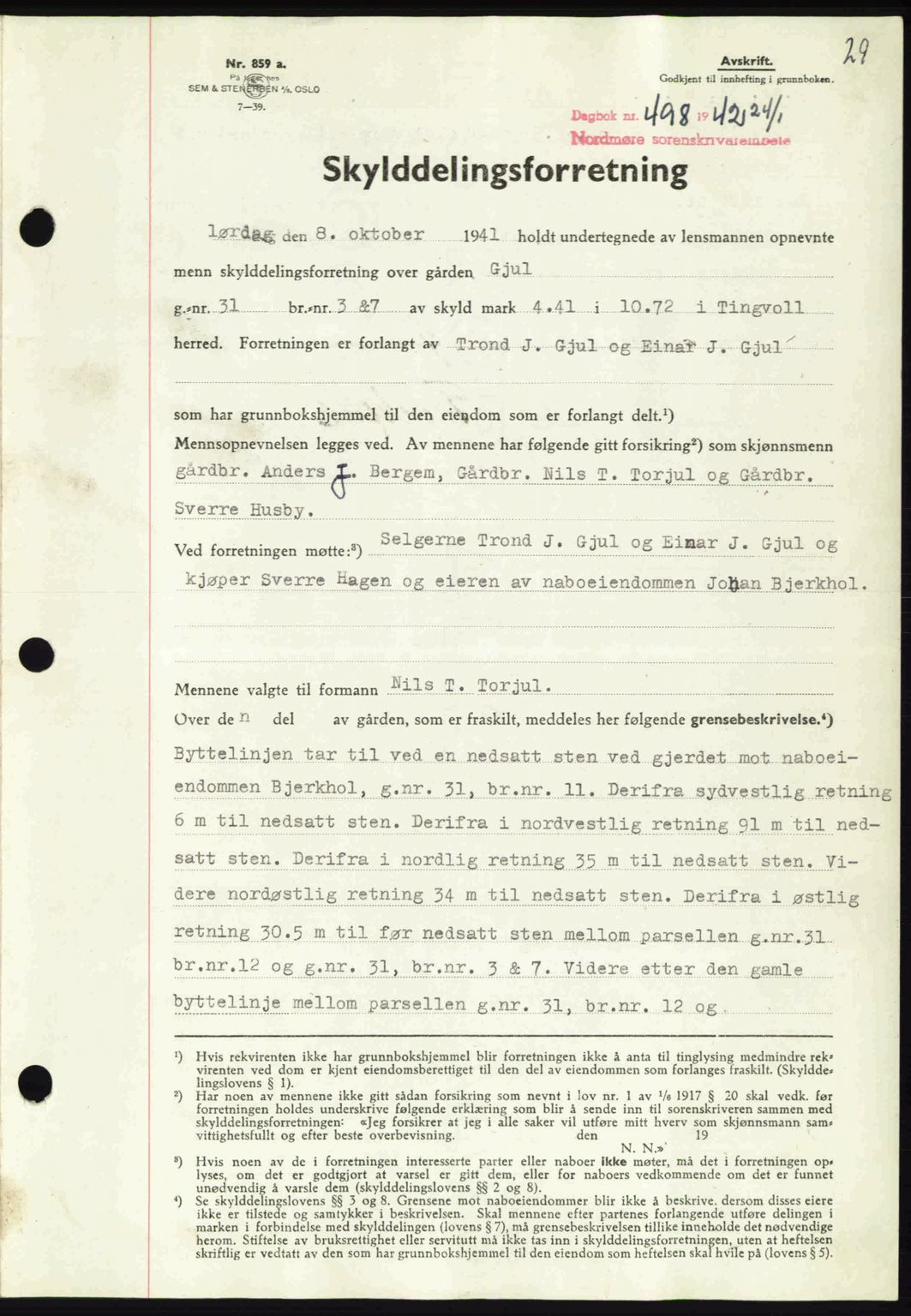 Nordmøre sorenskriveri, SAT/A-4132/1/2/2Ca: Pantebok nr. A92, 1942-1942, Dagboknr: 498/1942