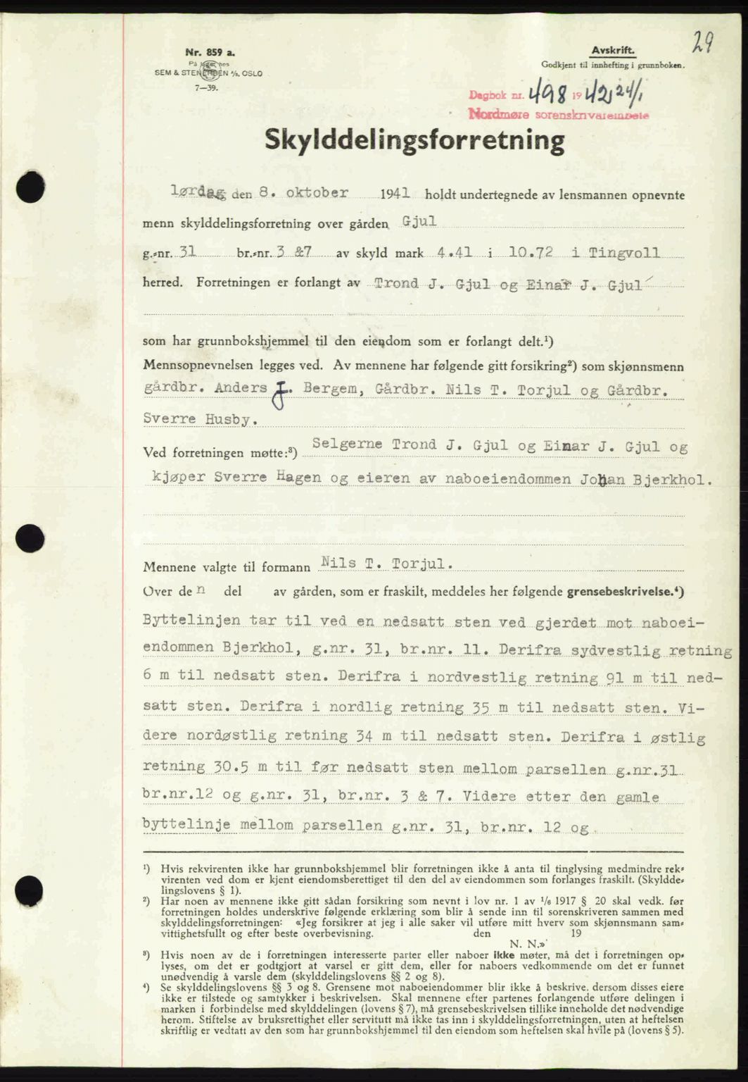 Nordmøre sorenskriveri, AV/SAT-A-4132/1/2/2Ca: Pantebok nr. A92, 1942-1942, Dagboknr: 498/1942