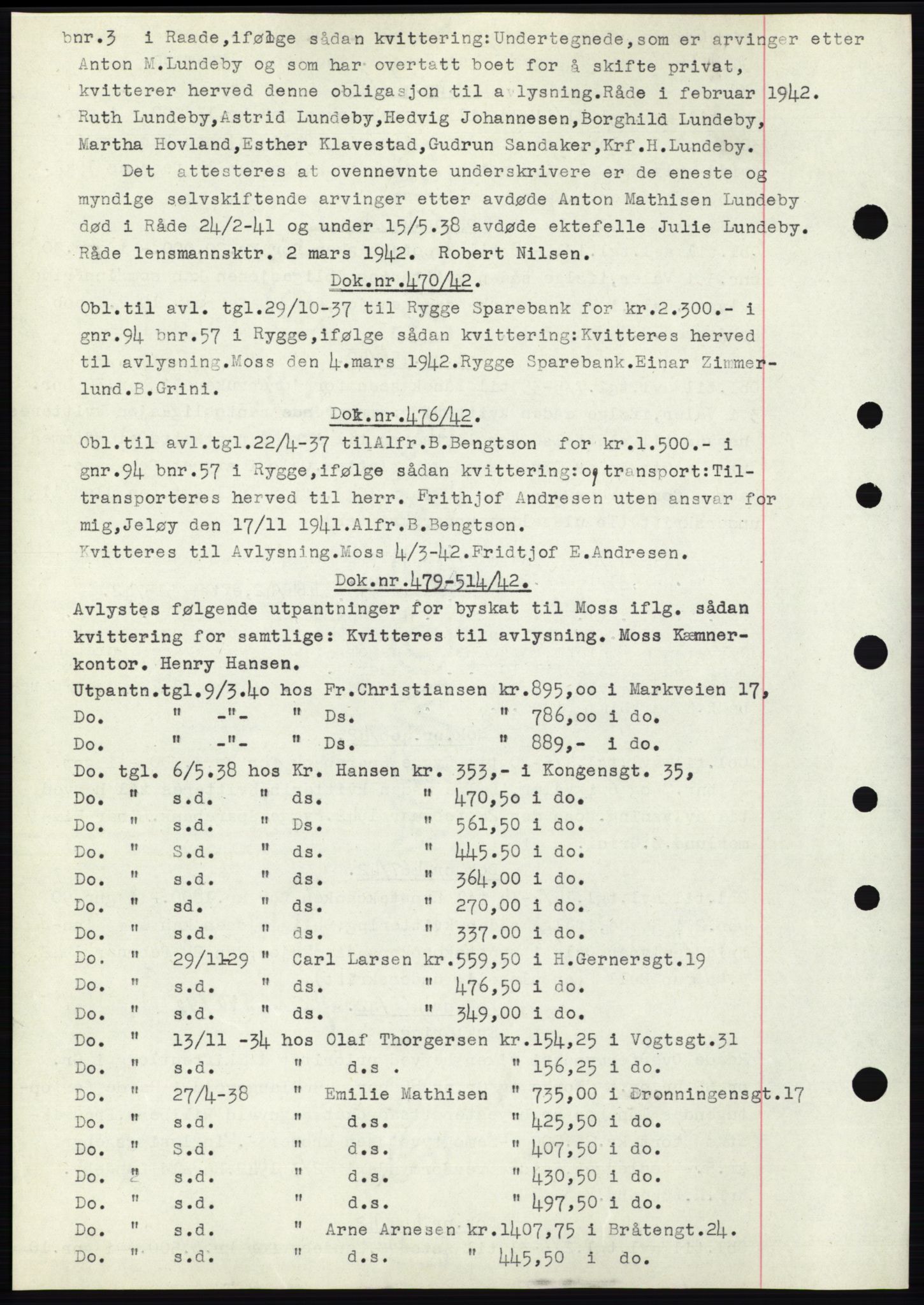 Moss sorenskriveri, SAO/A-10168: Pantebok nr. C10, 1938-1950, Dagboknr: 470/1942