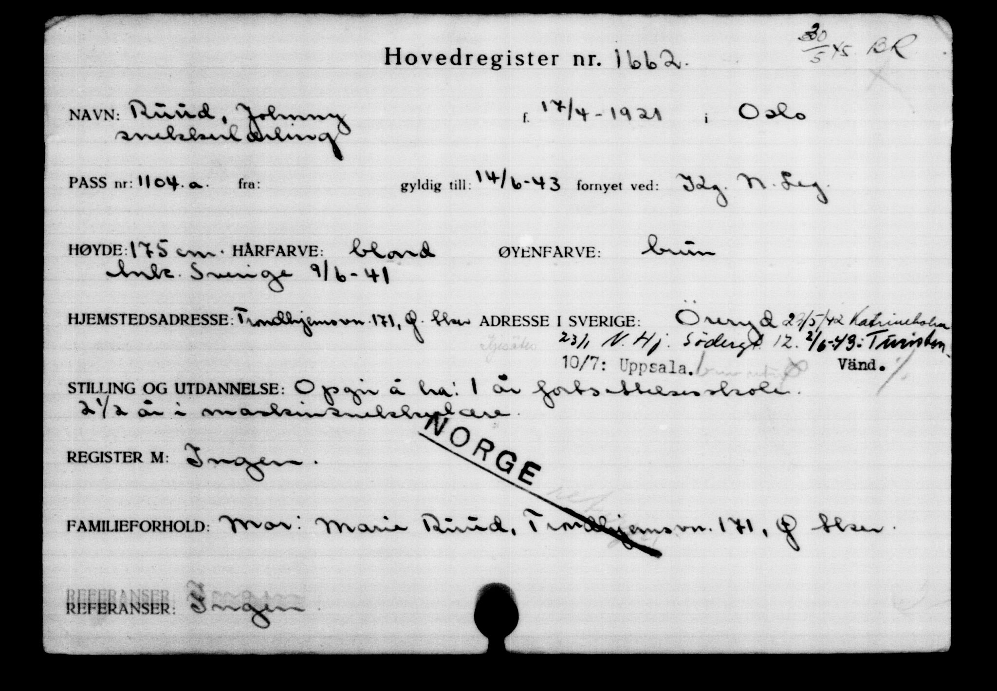 Utenriksstasjonene, Legasjonen i Stockholm, Flyktningkontoret, AV/RA-S-6753/V/Va/L0002: Kjesäterkartoteket, flyktninger med registreringsnr. 1001-2000, 1940-1945, s. 938