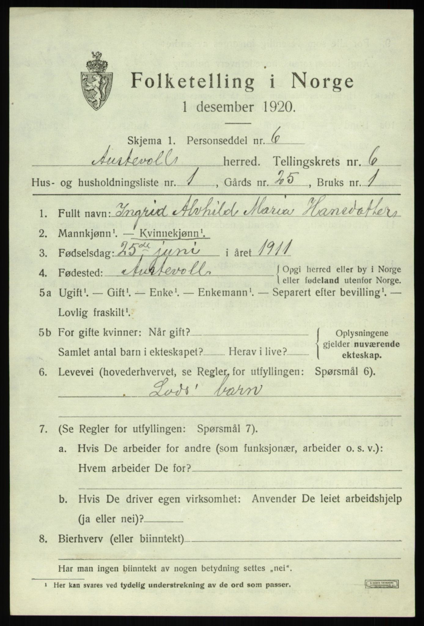 SAB, Folketelling 1920 for 1244 Austevoll herred, 1920, s. 3164