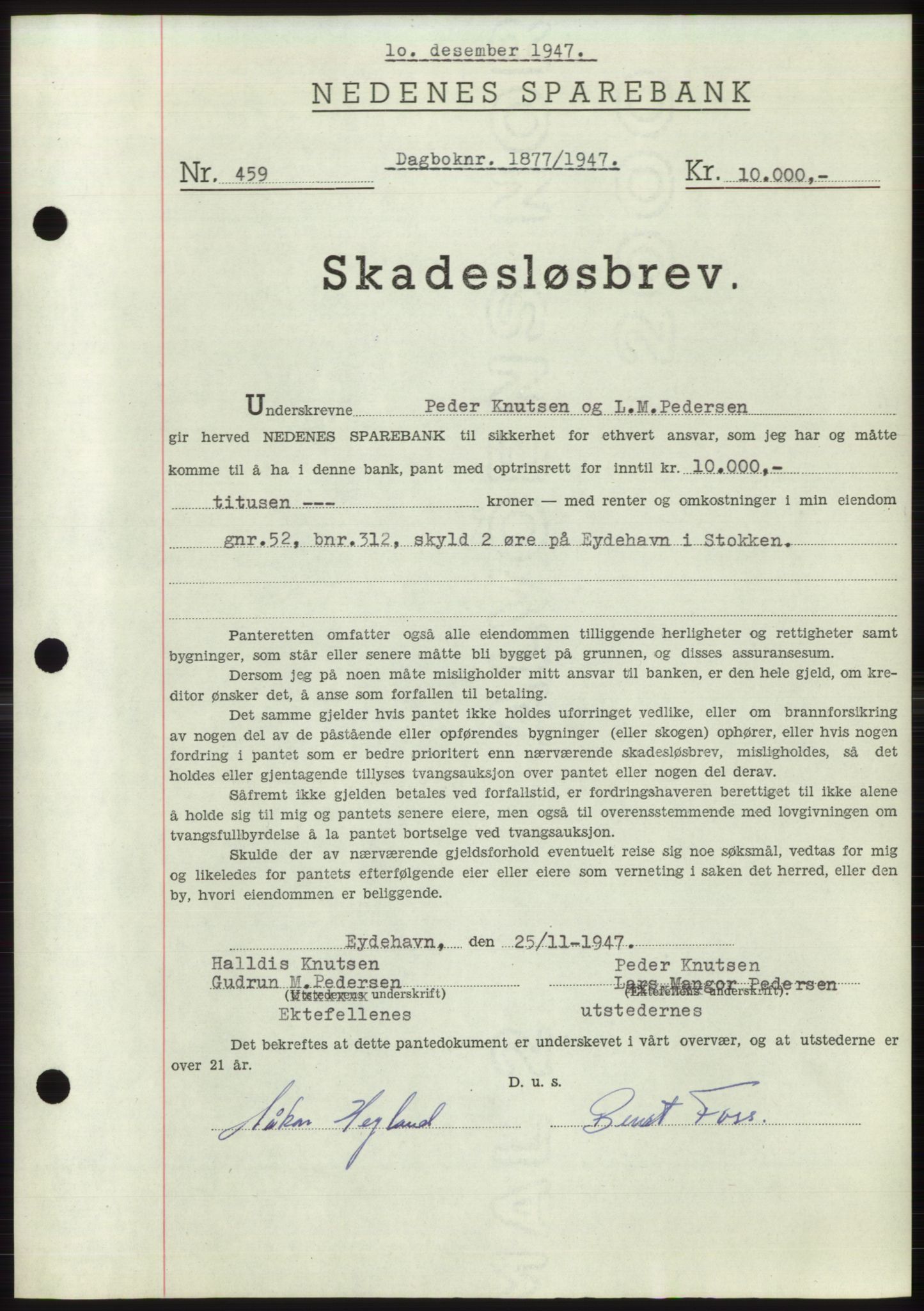 Nedenes sorenskriveri, AV/SAK-1221-0006/G/Gb/Gbb/L0004: Pantebok nr. B4, 1947-1947, Dagboknr: 1877/1947