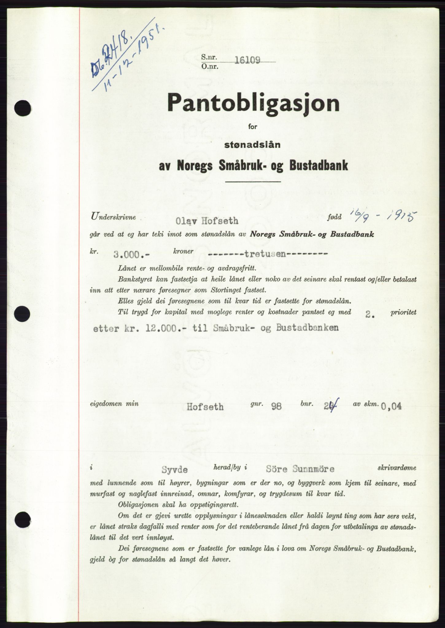 Søre Sunnmøre sorenskriveri, AV/SAT-A-4122/1/2/2C/L0120: Pantebok nr. 8B, 1951-1951, Dagboknr: 2418/1951