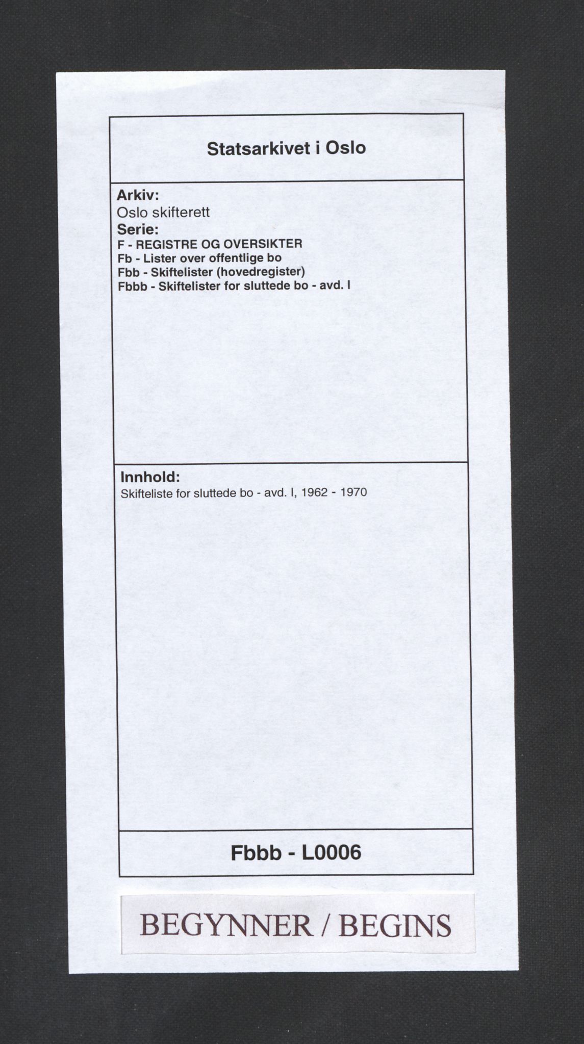 Oslo skifterett, SAO/A-10383/F/Fb/Fbb/Fbbb/L0006: Skifteliste for sluttede bo - avd. I, 1962-1970