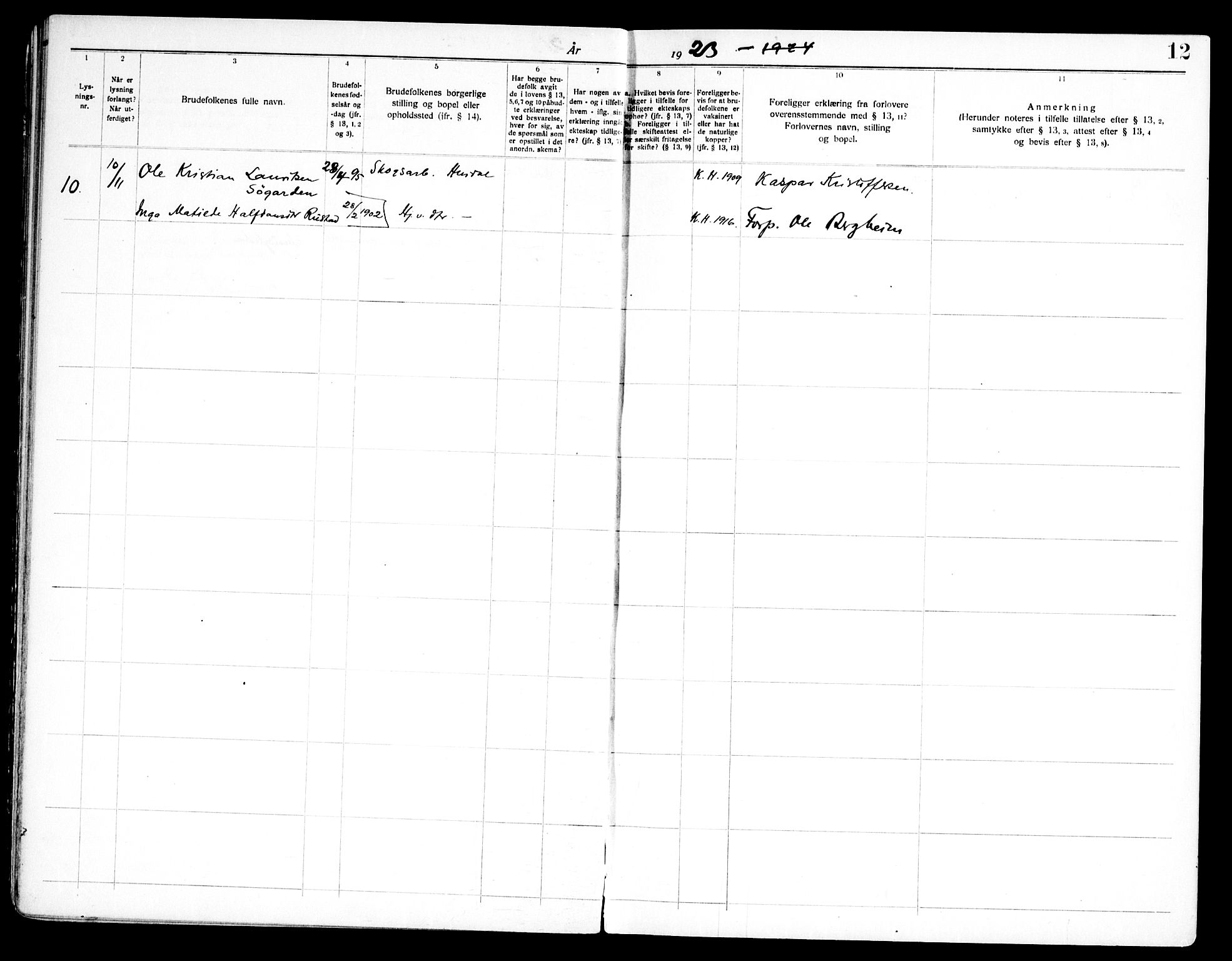 Hurdal prestekontor Kirkebøker, AV/SAO-A-10889/H/Ha/L0001: Lysningsprotokoll nr. 1, 1919-1969, s. 12