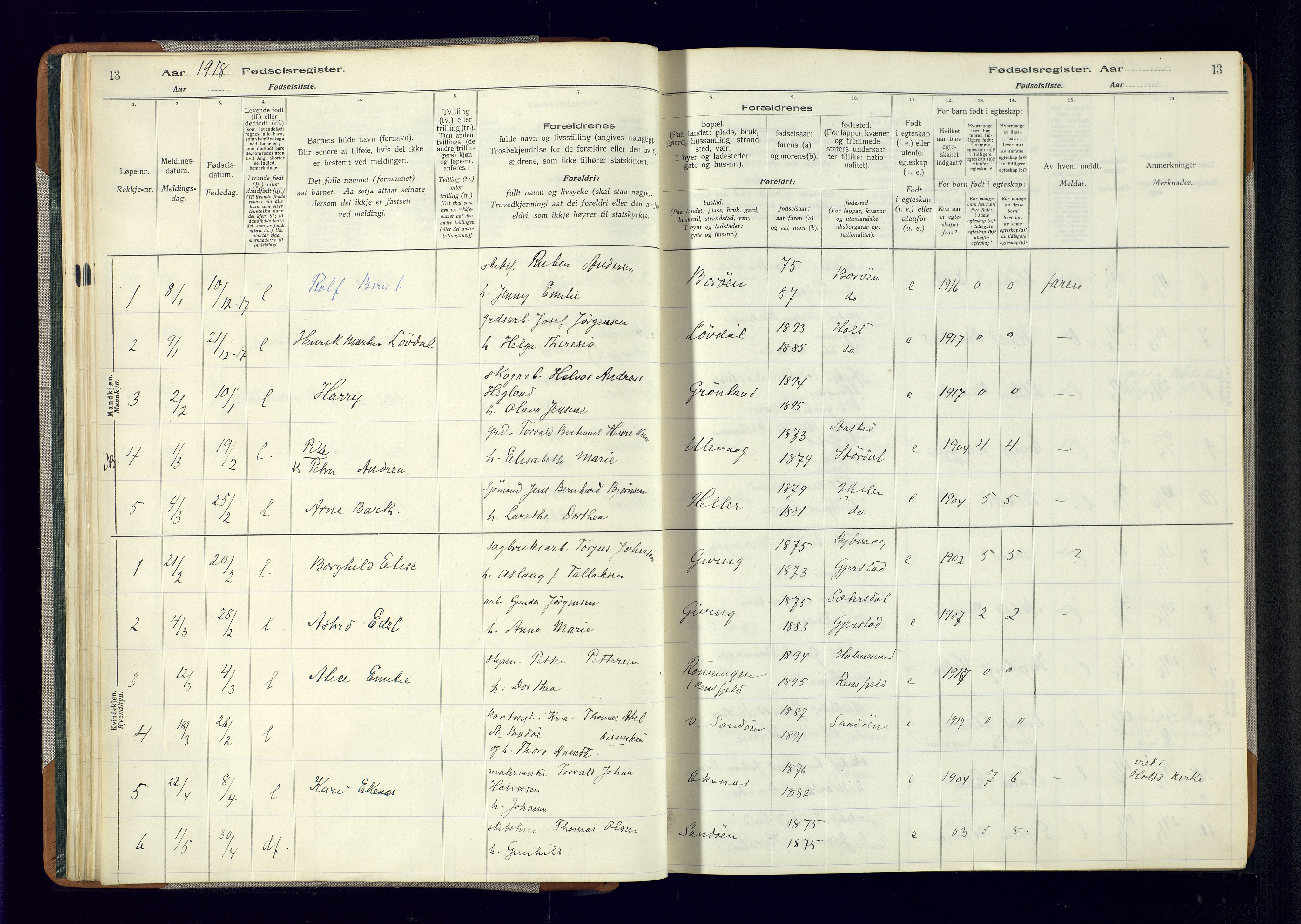 Dypvåg sokneprestkontor, AV/SAK-1111-0007/J/Ja/L0001: Fødselsregister nr. II.4.3, 1916-1975, s. 13