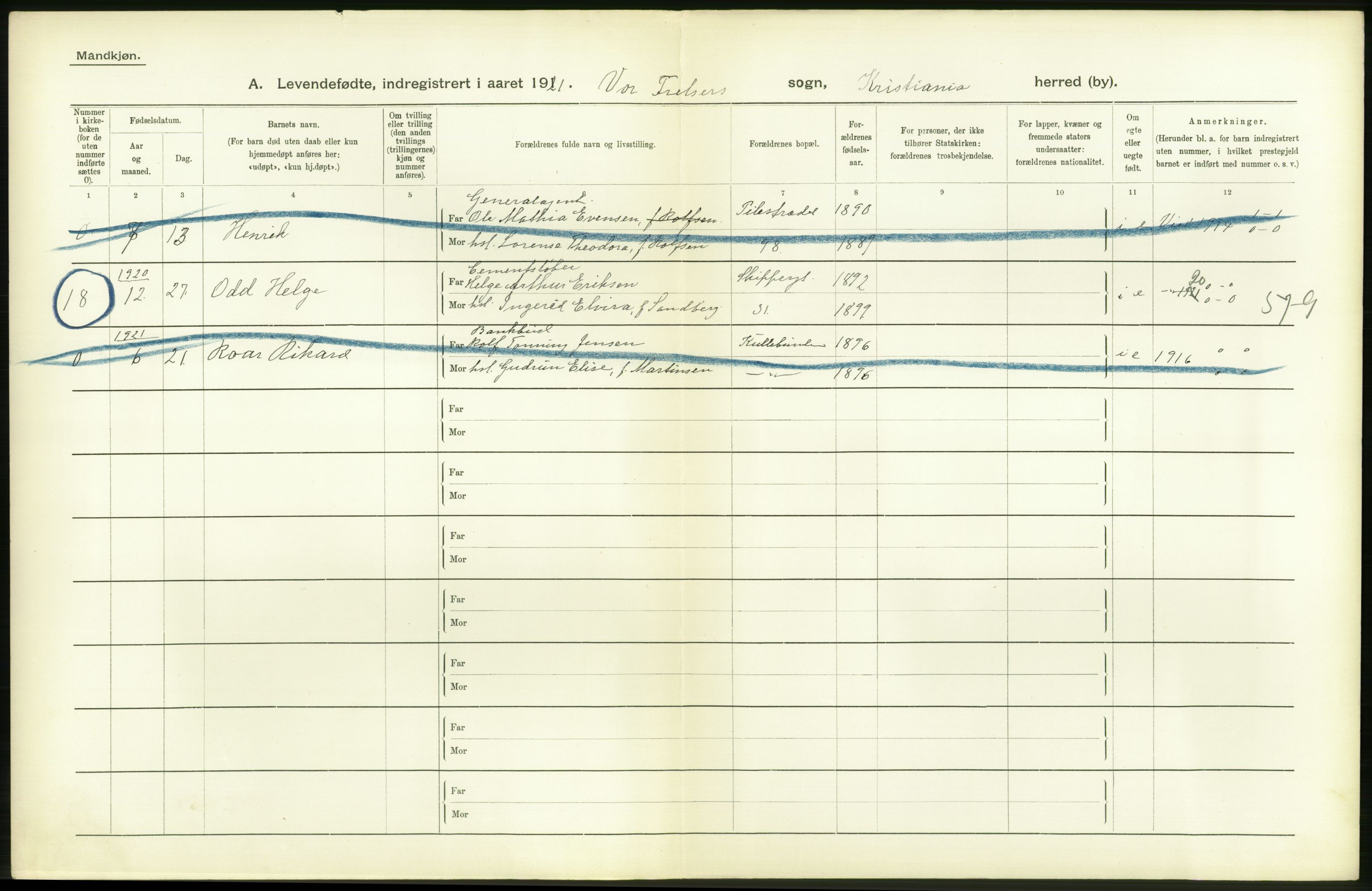 Statistisk sentralbyrå, Sosiodemografiske emner, Befolkning, RA/S-2228/D/Df/Dfc/Dfca/L0009: Kristiania: Levendefødte menn og kvinner., 1921, s. 396