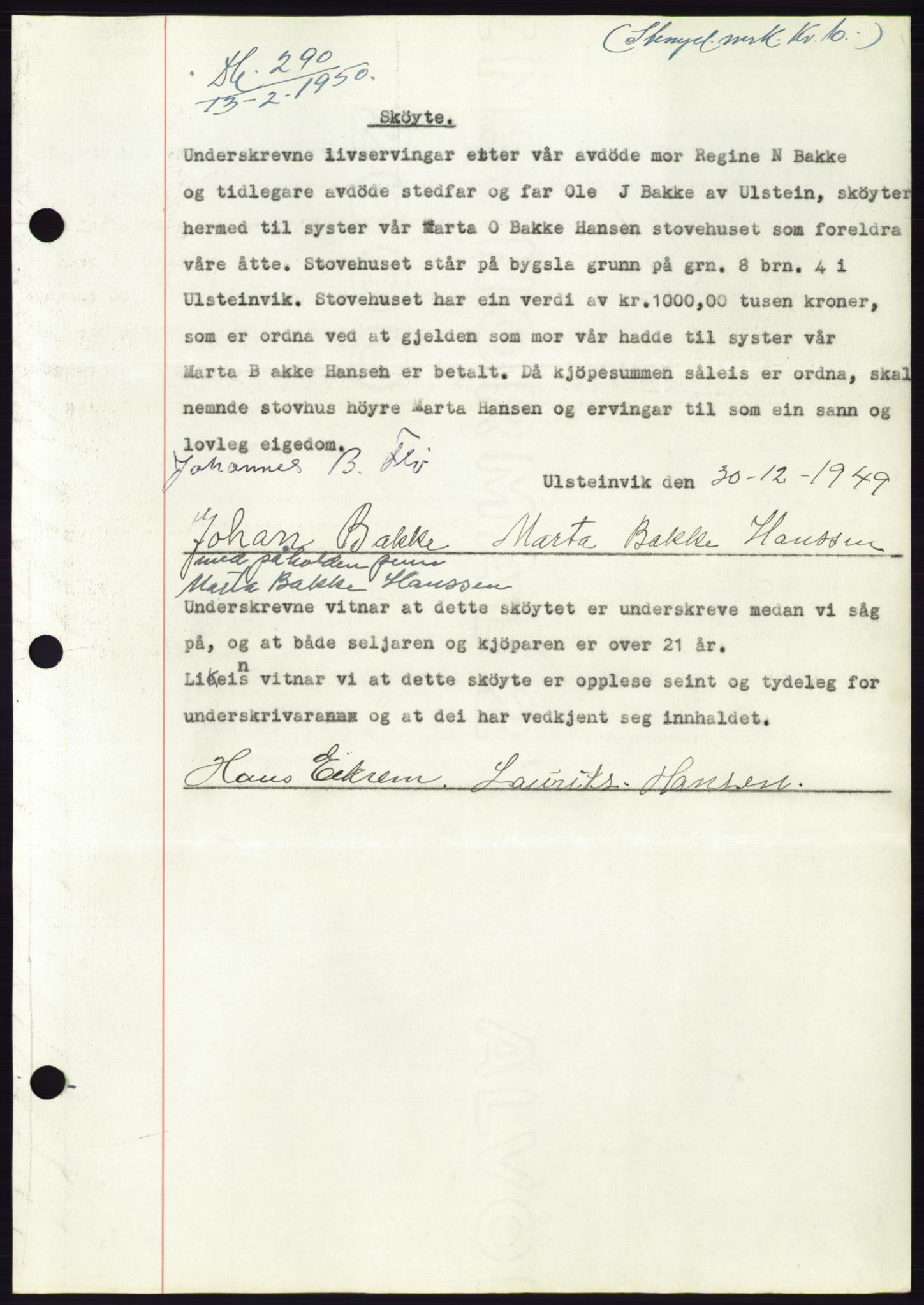 Søre Sunnmøre sorenskriveri, AV/SAT-A-4122/1/2/2C/L0086: Pantebok nr. 12A, 1949-1950, Dagboknr: 290/1950