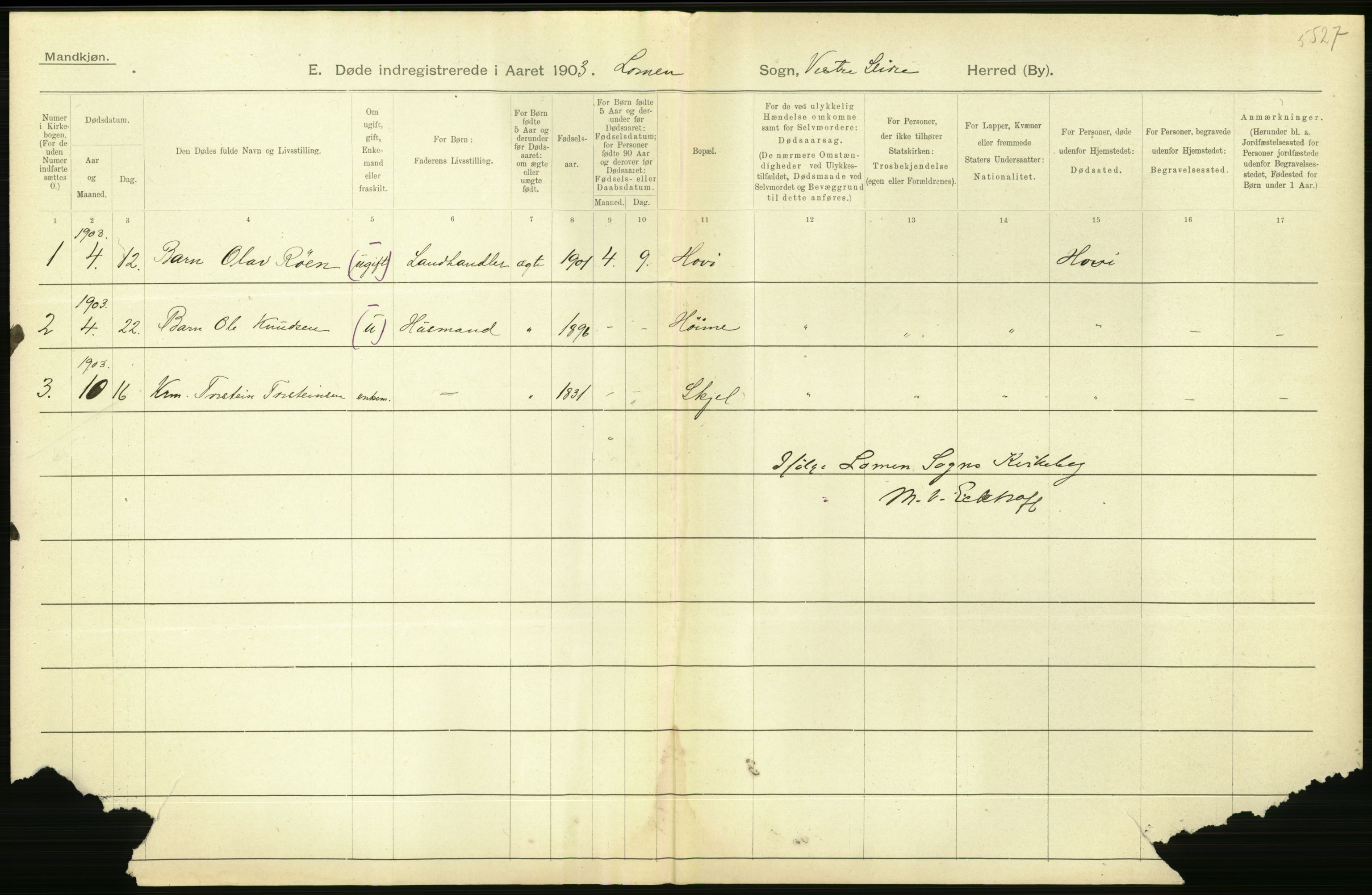 Statistisk sentralbyrå, Sosiodemografiske emner, Befolkning, AV/RA-S-2228/D/Df/Dfa/Dfaa/L0006: Kristians amt: Fødte, gifte, døde, 1903, s. 644