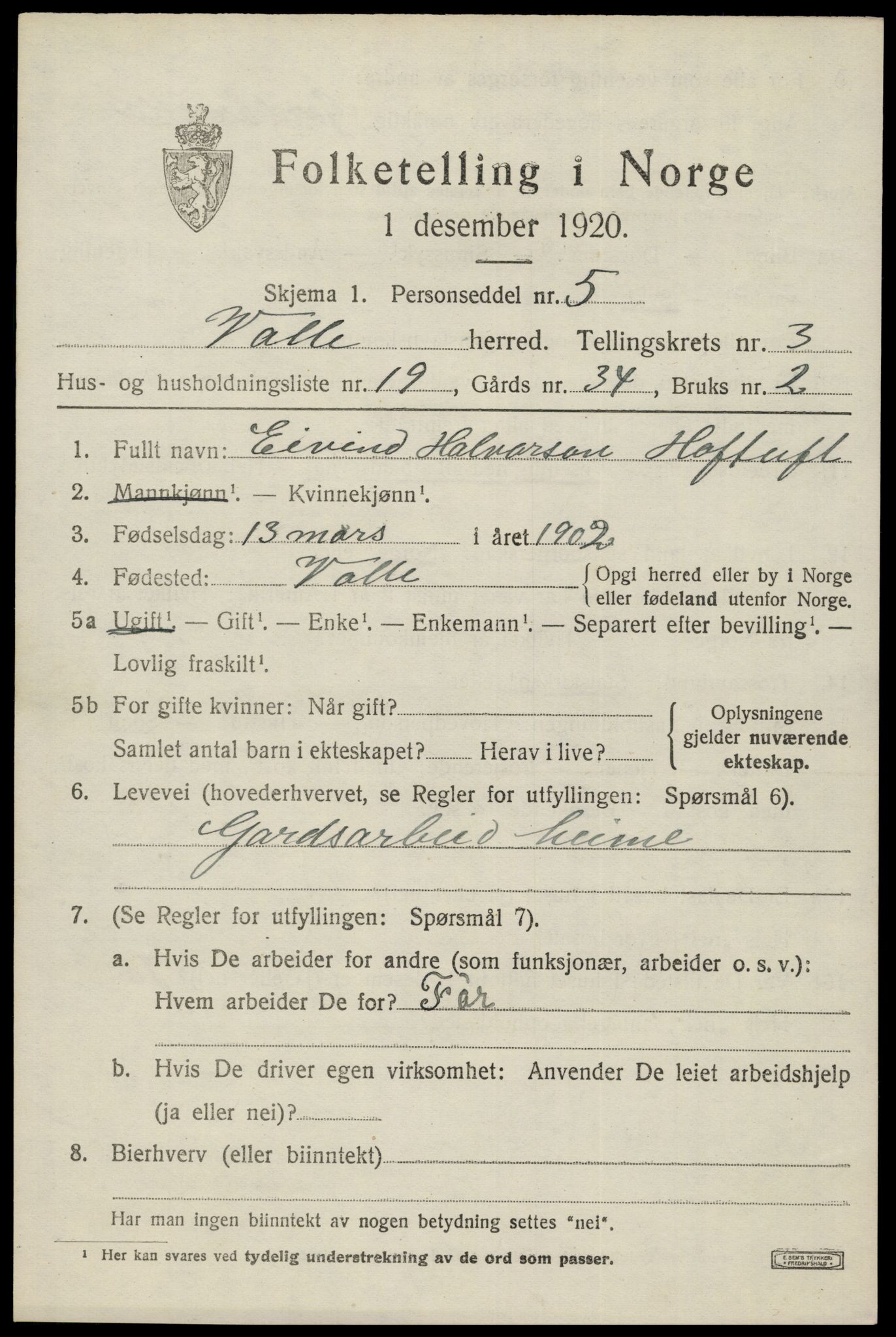 SAK, Folketelling 1920 for 0940 Valle herred, 1920, s. 1761