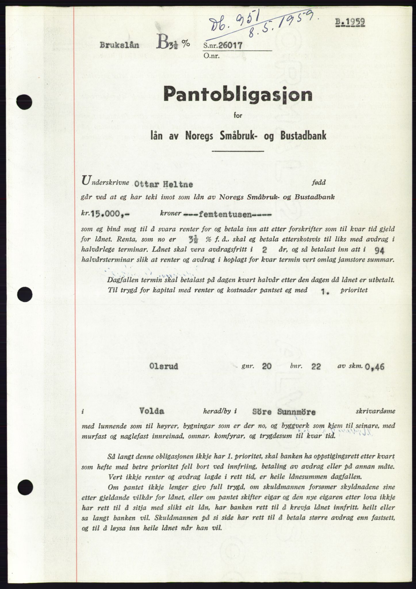 Søre Sunnmøre sorenskriveri, SAT/A-4122/1/2/2C/L0133: Pantebok nr. 21B, 1959-1959, Dagboknr: 951/1959