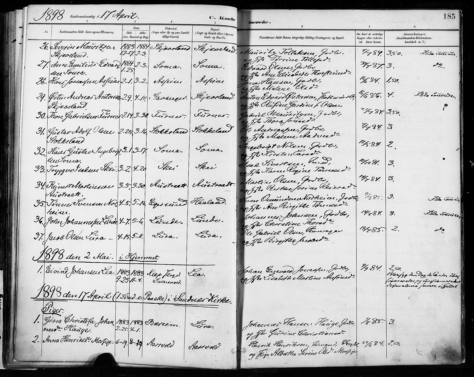 Høyland sokneprestkontor, AV/SAST-A-101799/001/30BA/L0013: Ministerialbok nr. A 13.1, 1889-1898, s. 185