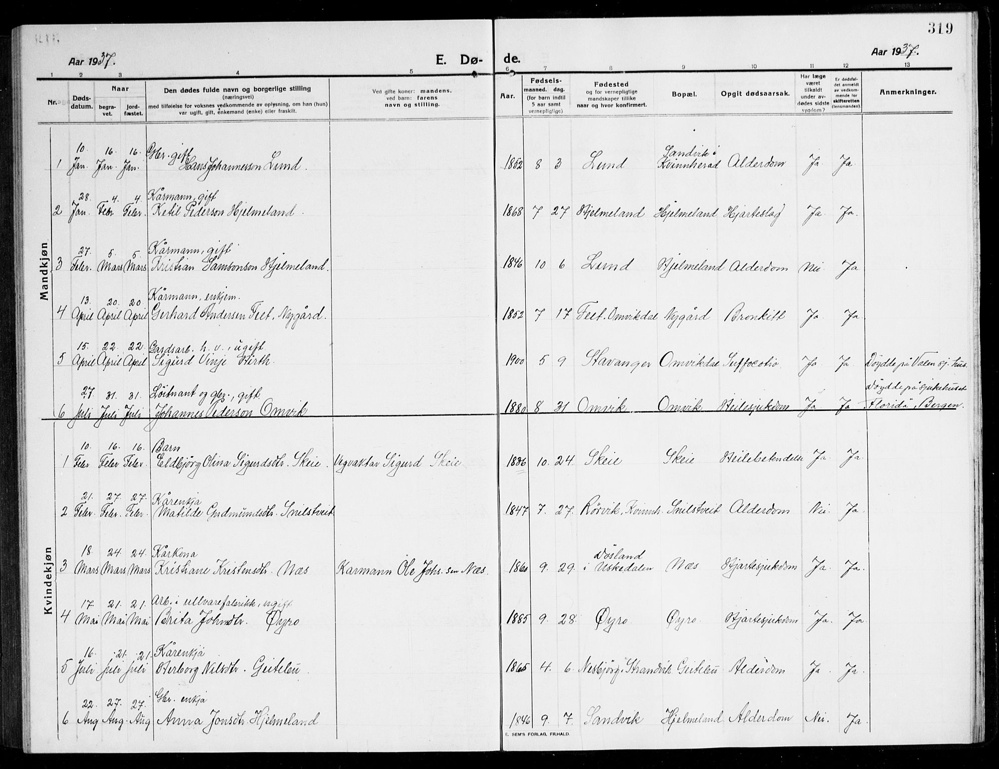 Kvinnherad sokneprestembete, AV/SAB-A-76401/H/Hab: Klokkerbok nr. A 3, 1911-1945, s. 319
