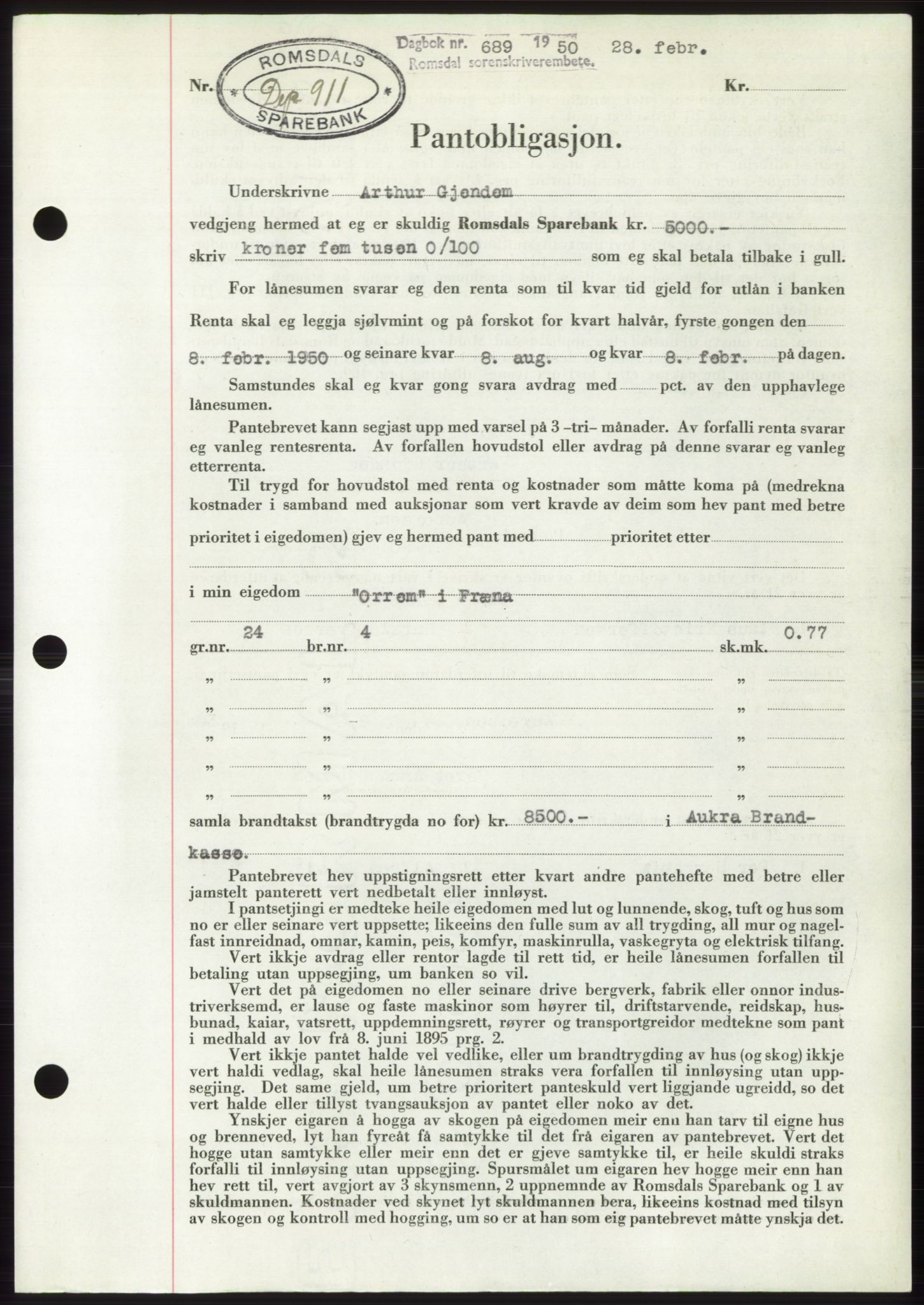 Romsdal sorenskriveri, AV/SAT-A-4149/1/2/2C: Pantebok nr. B5, 1949-1950, Dagboknr: 689/1950