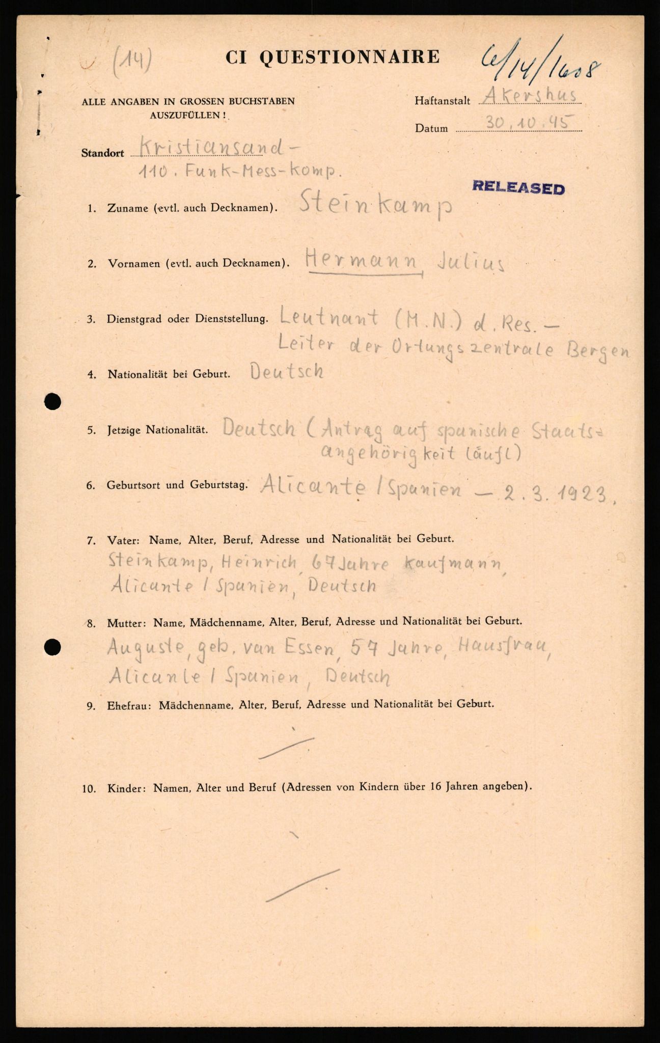 Forsvaret, Forsvarets overkommando II, AV/RA-RAFA-3915/D/Db/L0032: CI Questionaires. Tyske okkupasjonsstyrker i Norge. Tyskere., 1945-1946, s. 457