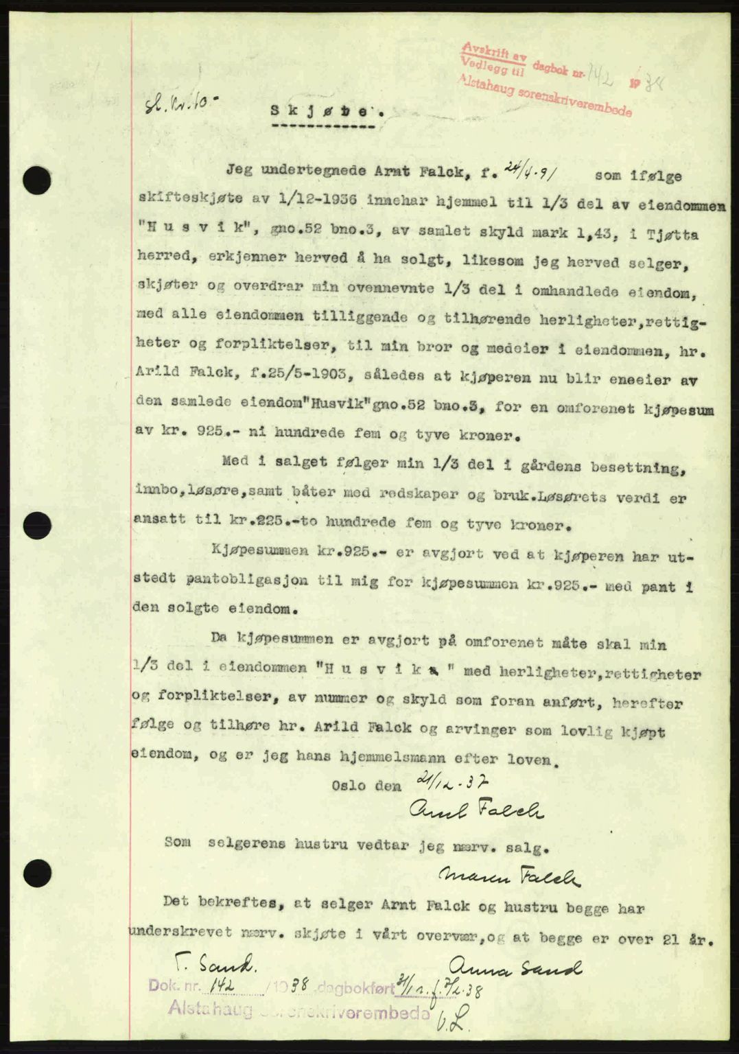 Alstahaug sorenskriveri, SAT/A-1009: Pantebok nr. A3, 1937-1938, Dagboknr: 142/1938