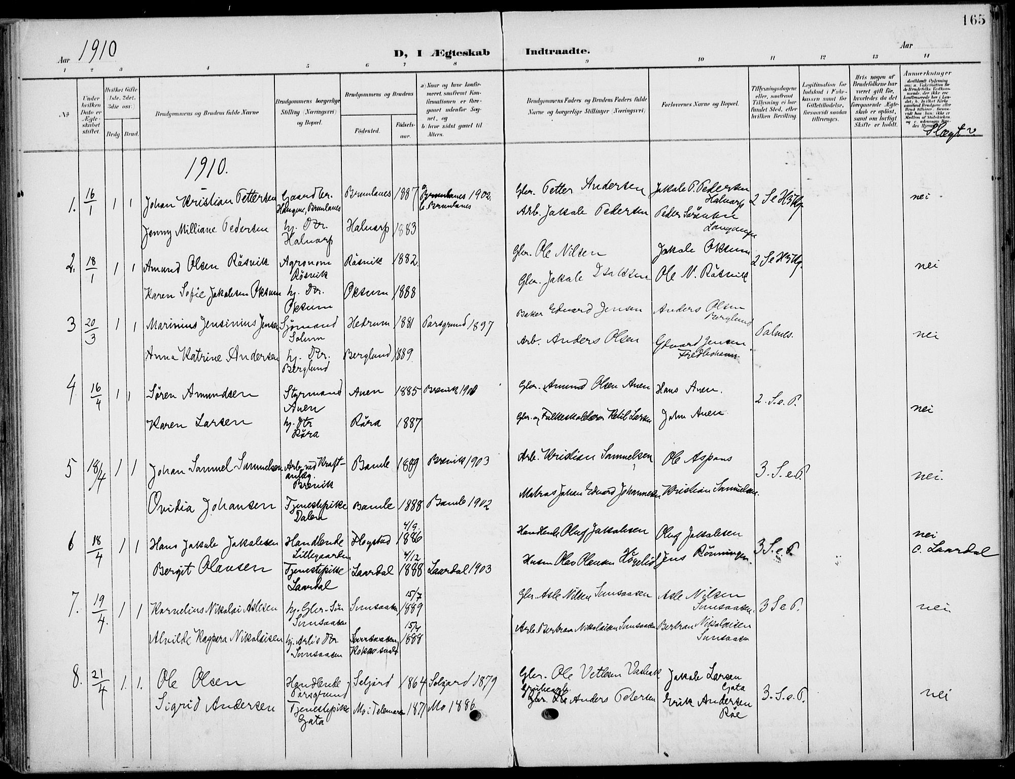 Eidanger kirkebøker, AV/SAKO-A-261/F/Fa/L0013: Ministerialbok nr. 13, 1900-1913, s. 165