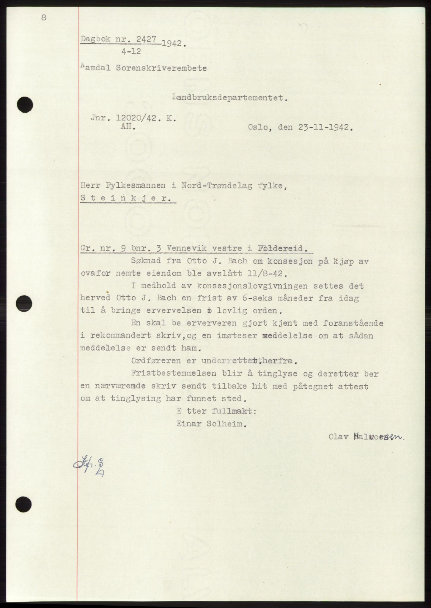 Namdal sorenskriveri, SAT/A-4133/1/2/2C: Pantebok nr. -, 1942-1943, Dagboknr: 2427/1942