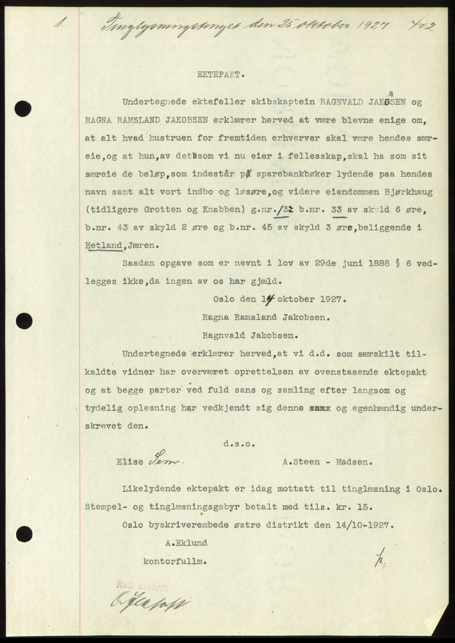 Jæren sorenskriveri, SAST/A-100310/03/G/Gba/L0054: Pantebok, 1927-1927, Tingl.dato: 25.10.1927